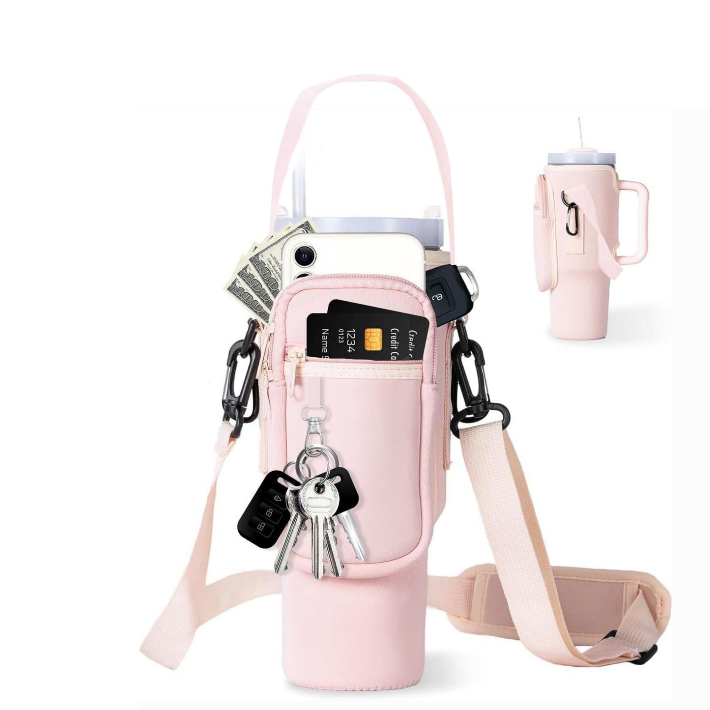 Multifunctional Drink Holder Bag with Key, Card, and Phone Storage, Adjustable Strap for Hands-Free Convenience
