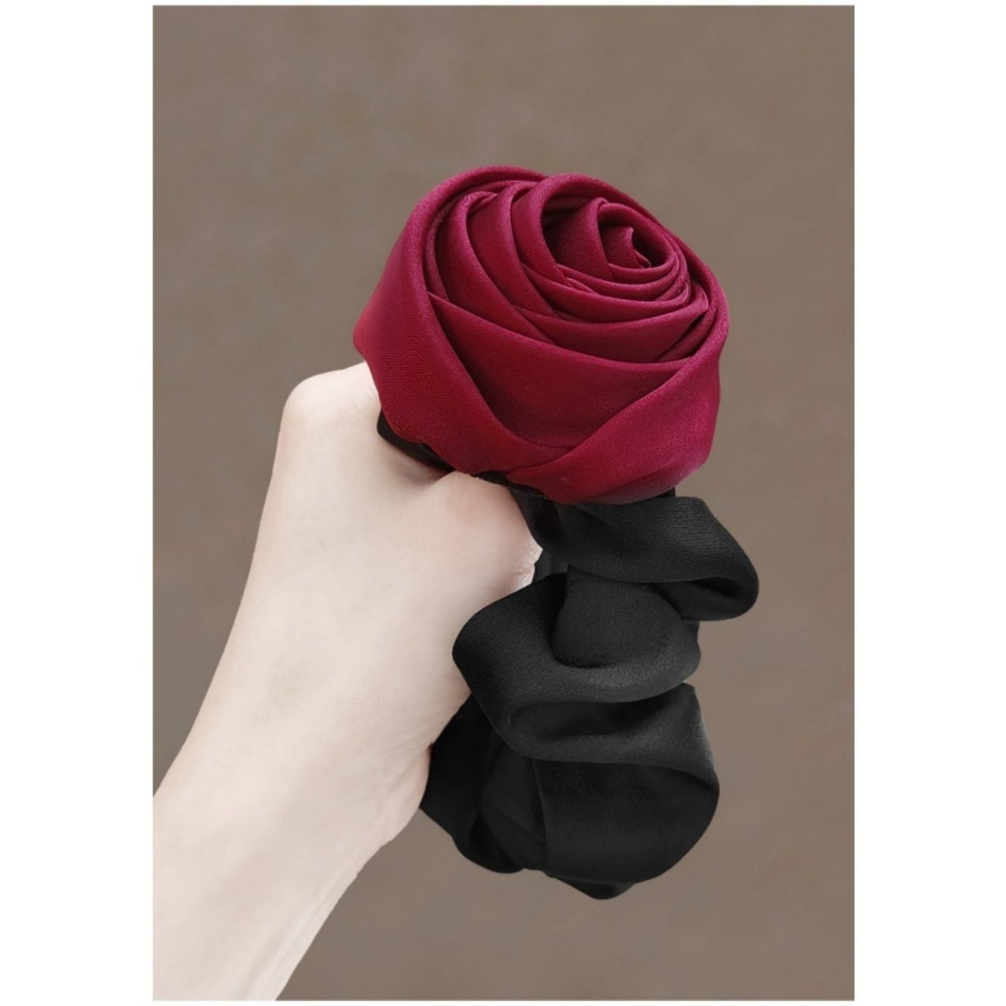 3-Piece Scrunchie Set with Sculpted Fabric Rose and Gathered Elastic Hair Ties 3.5in (Rose 2.5in)