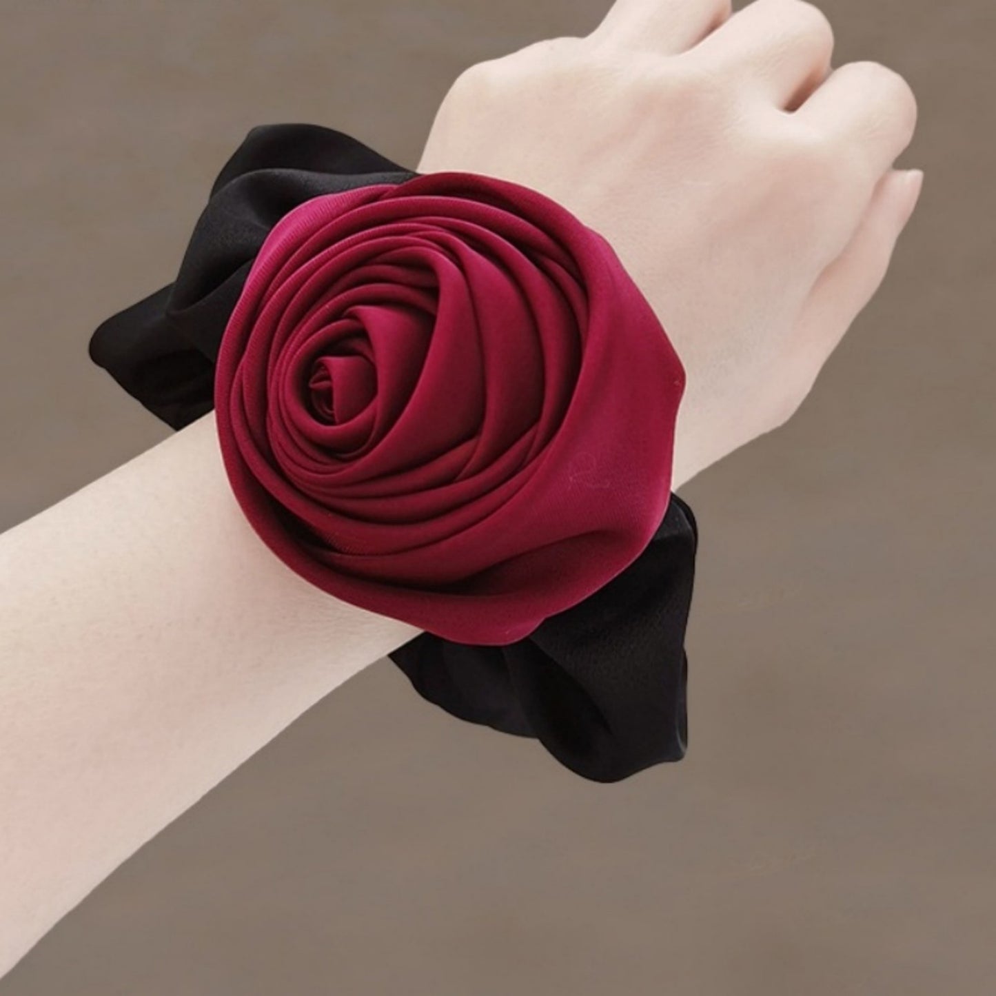 3-Piece Scrunchie Set with Sculpted Fabric Rose and Gathered Elastic Hair Ties 3.5in (Rose 2.5in)