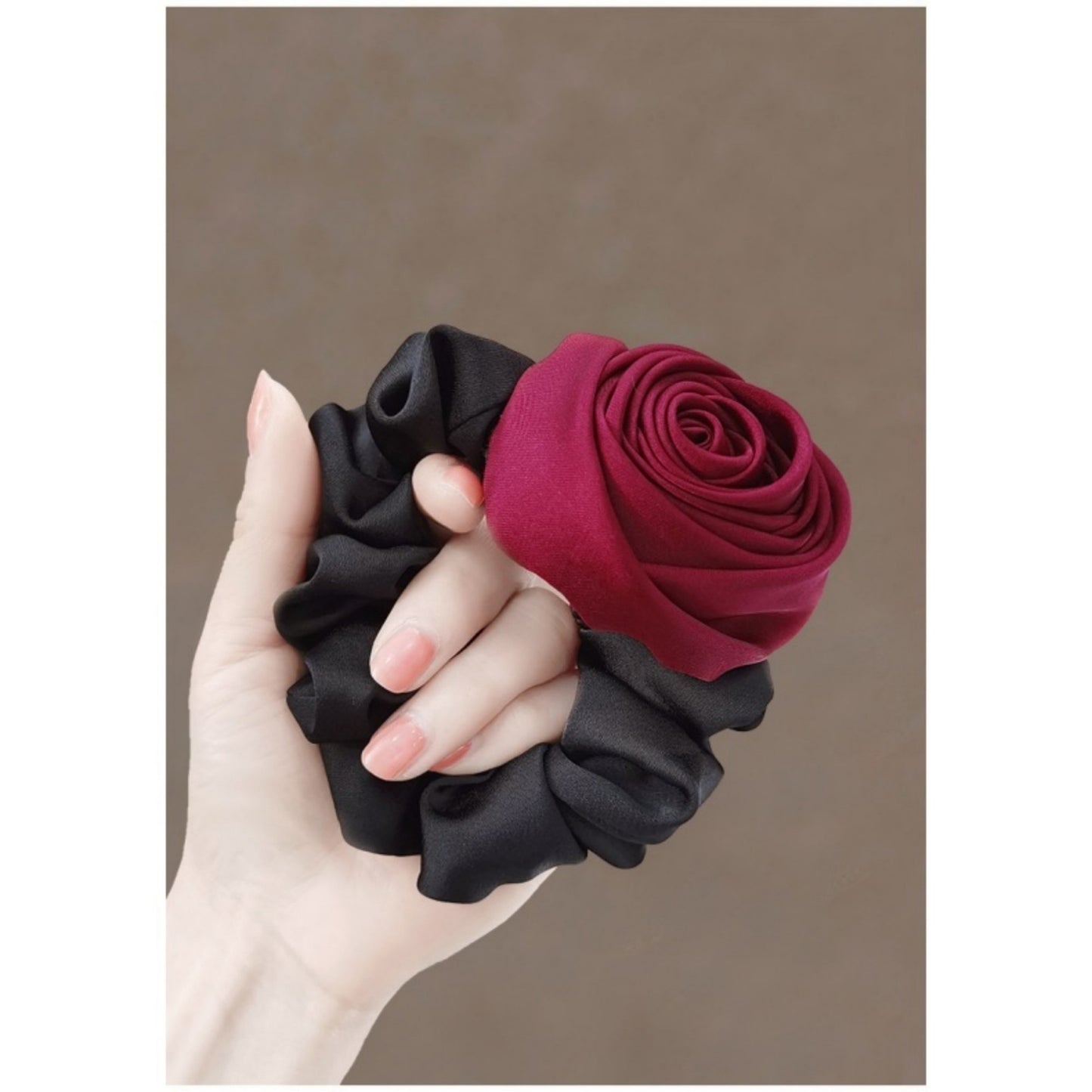 3-Piece Scrunchie Set with Sculpted Fabric Rose and Gathered Elastic Hair Ties 3.5in (Rose 2.5in)