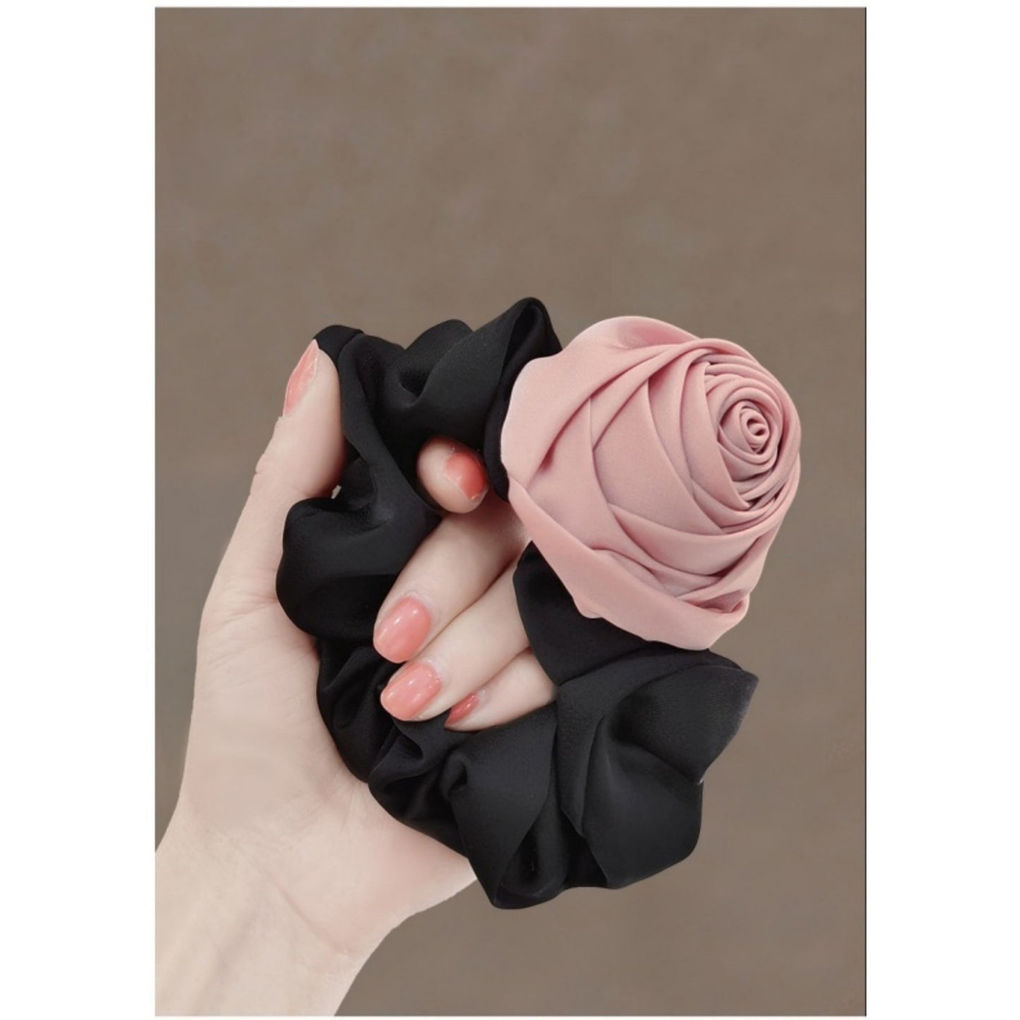 3-Piece Scrunchie Set with Sculpted Fabric Rose and Gathered Elastic Hair Ties 3.5in (Rose 2.5in)