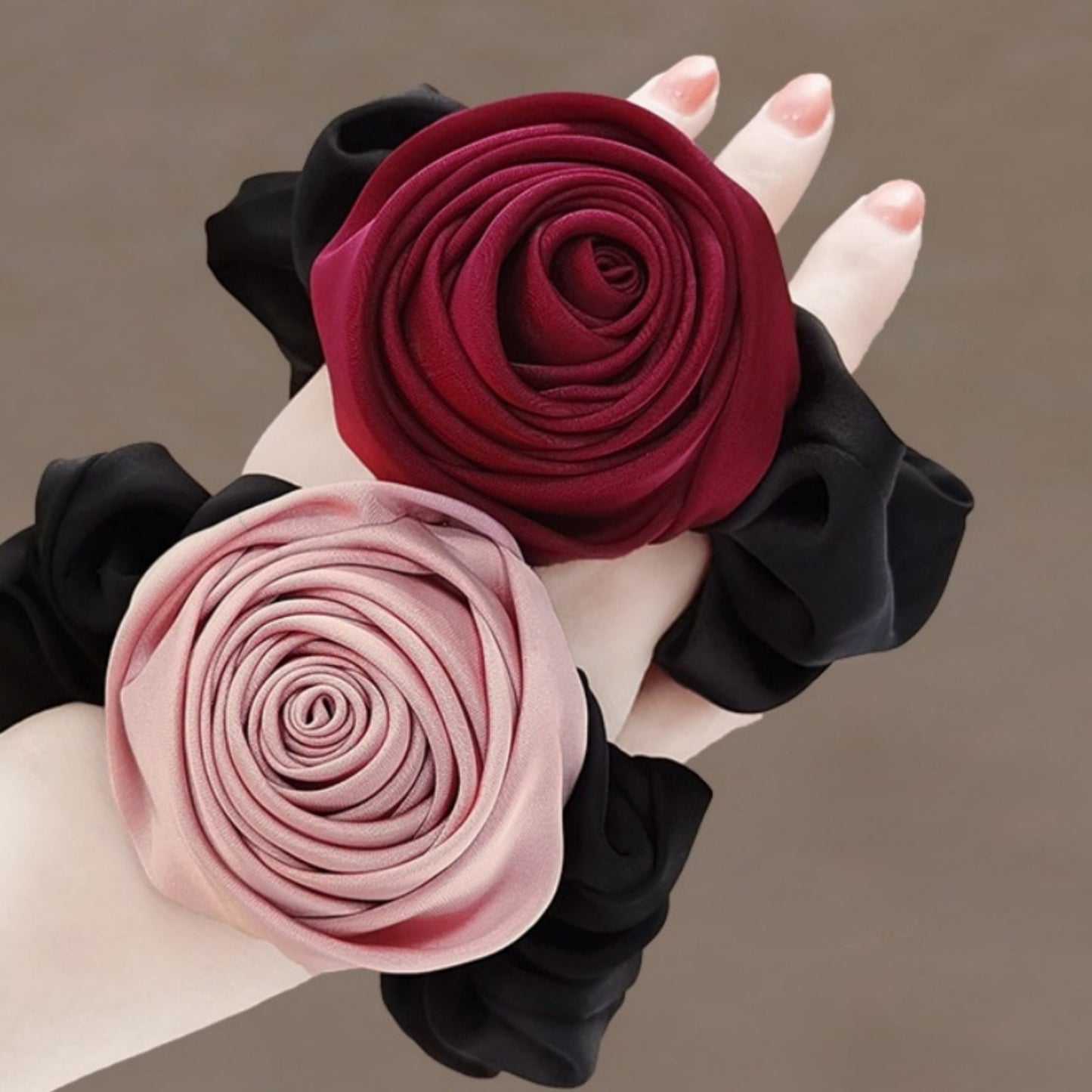 3-Piece Scrunchie Set with Sculpted Fabric Rose and Gathered Elastic Hair Ties 3.5in (Rose 2.5in)