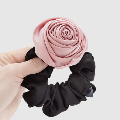 3-Piece Scrunchie Set with Sculpted Fabric Rose and Gathered Elastic Hair Ties 3.5in (Rose 2.5in)
