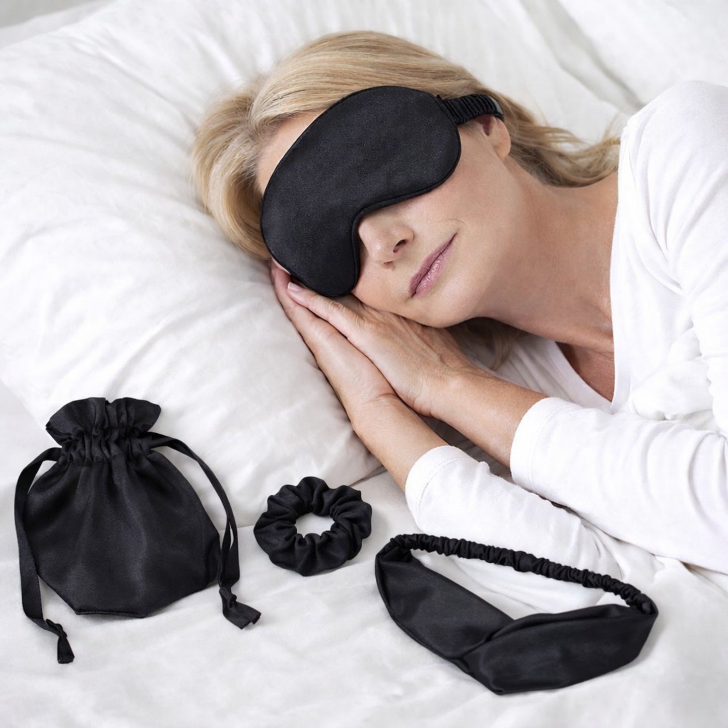 4-Piece Satin Sleep Accessory Set with Eye Mask Headband Scrunchie and Drawstring Storage Pouch