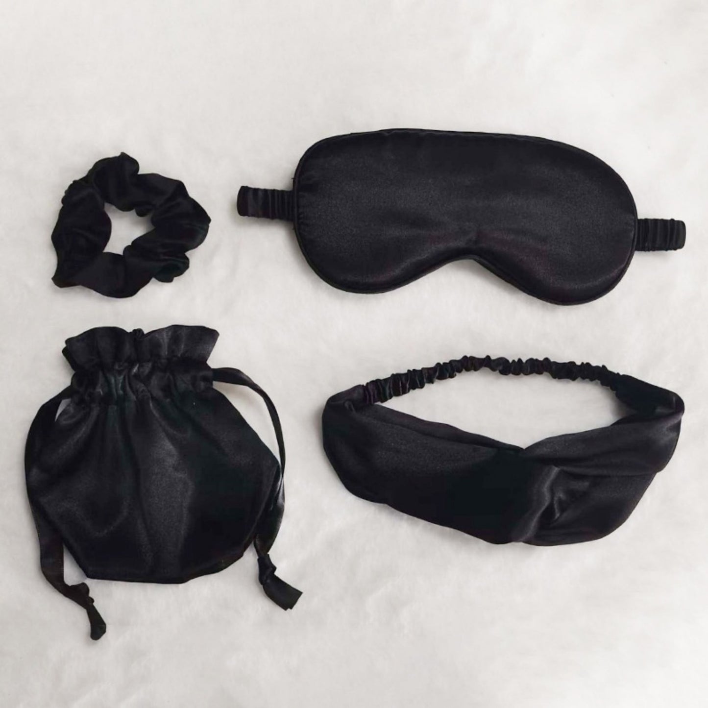 4-Piece Satin Sleep Accessory Set with Eye Mask Headband Scrunchie and Drawstring Storage Pouch