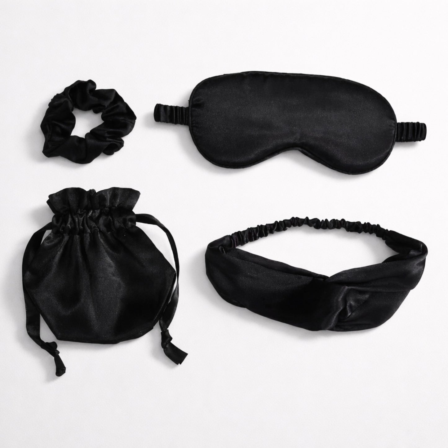 4-Piece Satin Sleep Accessory Set with Eye Mask Headband Scrunchie and Drawstring Storage Pouch