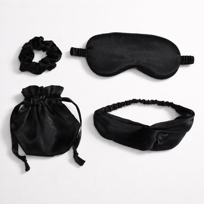 4-Piece Satin Sleep Accessory Set with Eye Mask Headband Scrunchie and Drawstring Storage Pouch