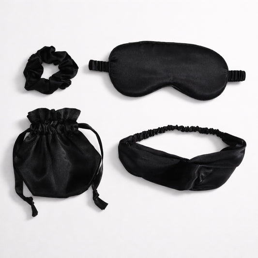 4-Piece Satin Sleep Accessory Set with Eye Mask Headband Scrunchie and Drawstring Storage Pouch