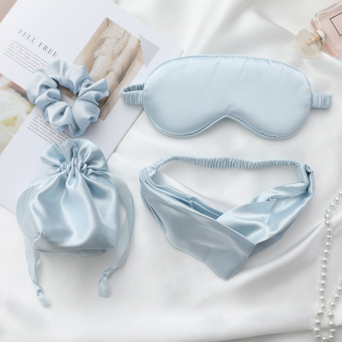 4-Piece Satin Sleep Accessory Set with Eye Mask Headband Scrunchie and Drawstring Storage Pouch