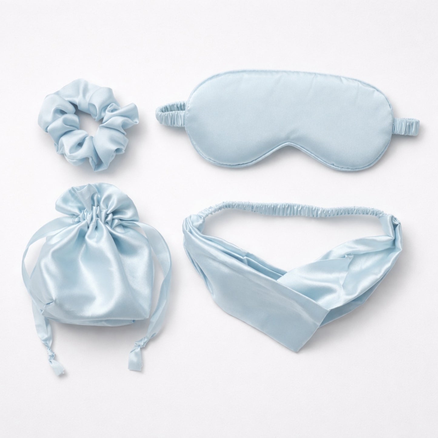 4-Piece Satin Sleep Accessory Set with Eye Mask Headband Scrunchie and Drawstring Storage Pouch