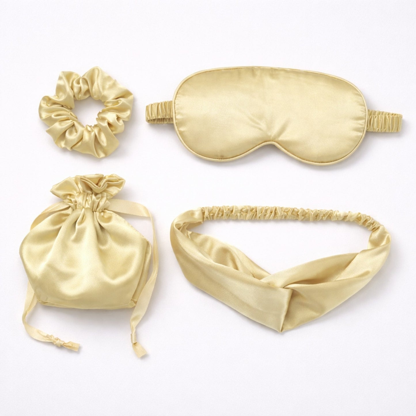 4-Piece Satin Sleep Accessory Set with Eye Mask Headband Scrunchie and Drawstring Storage Pouch