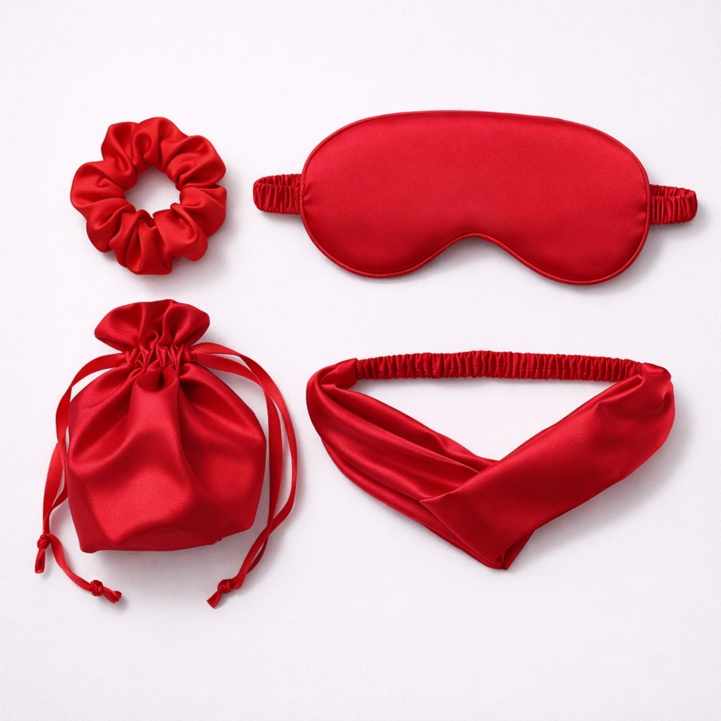 4-Piece Satin Sleep Accessory Set with Eye Mask Headband Scrunchie and Drawstring Storage Pouch