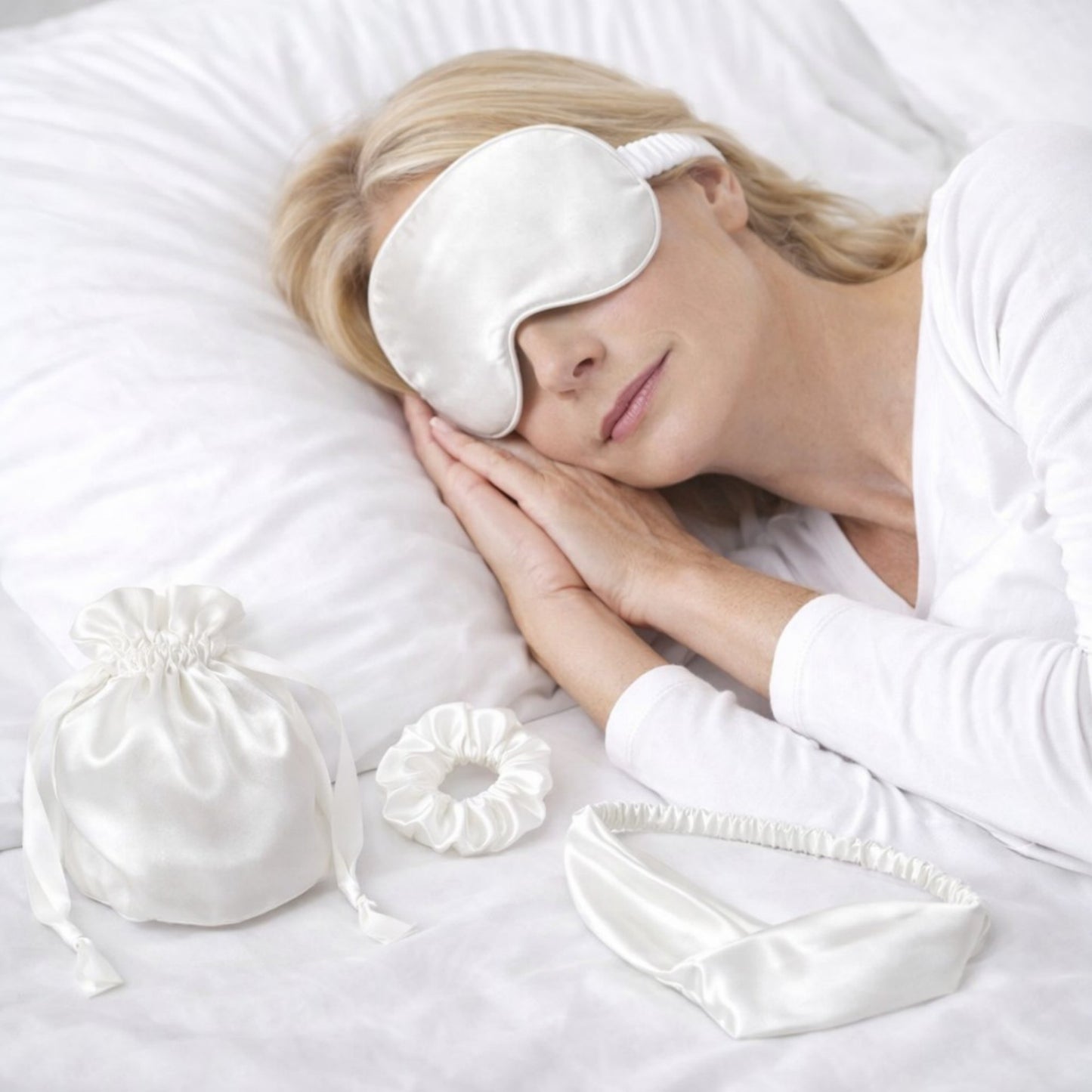 4-Piece Satin Sleep Accessory Set with Eye Mask Headband Scrunchie and Drawstring Storage Pouch