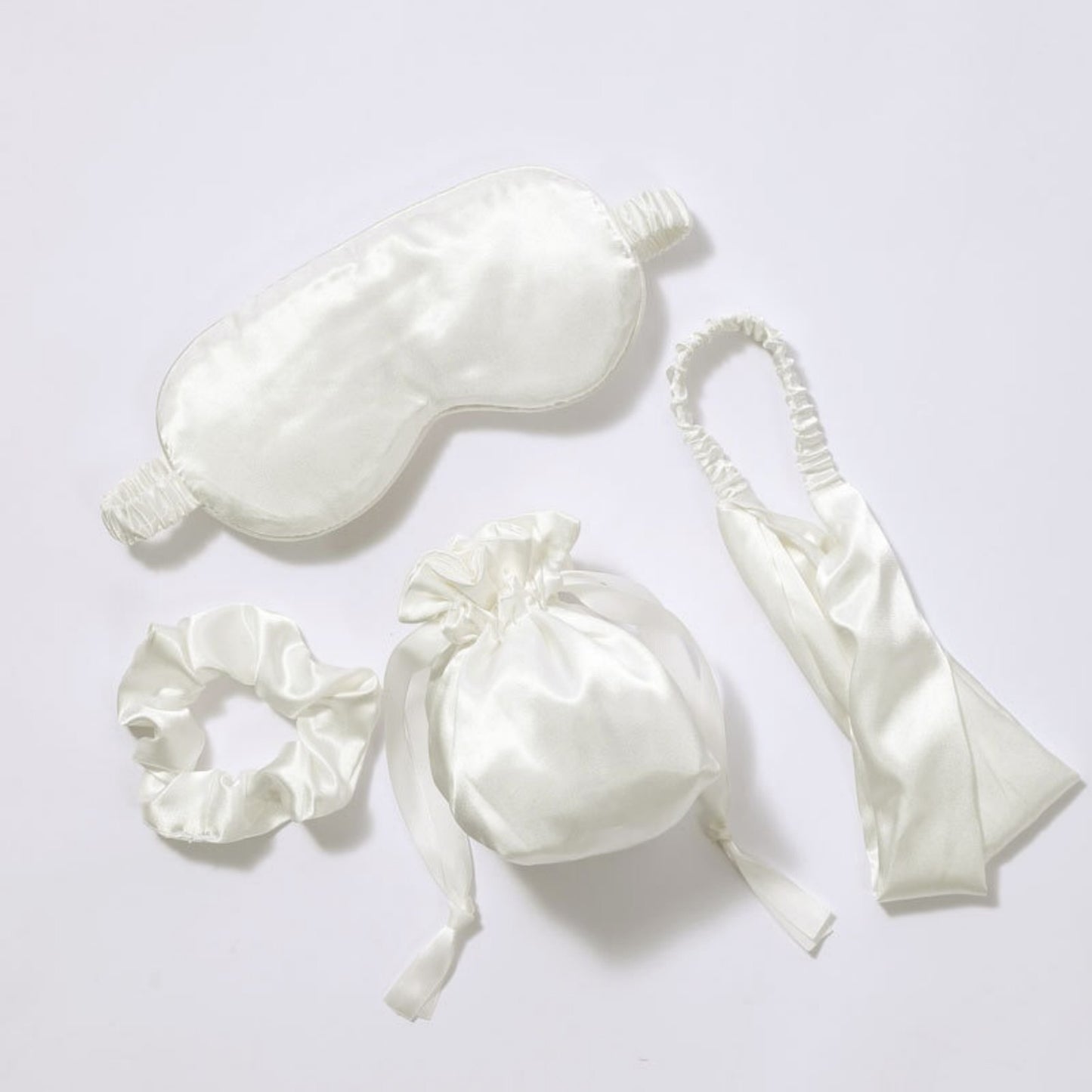 4-Piece Satin Sleep Accessory Set with Eye Mask Headband Scrunchie and Drawstring Storage Pouch