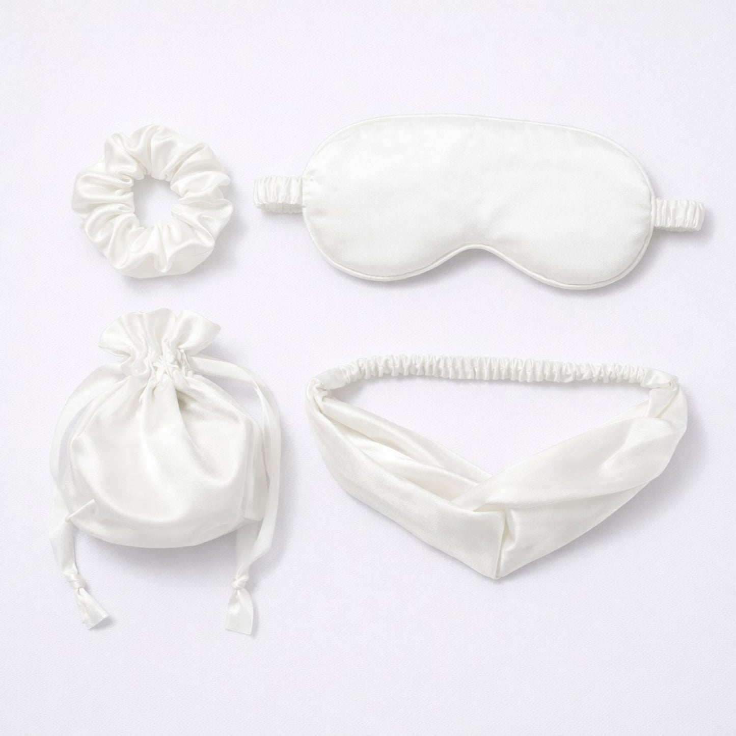 4-Piece Satin Sleep Accessory Set with Eye Mask Headband Scrunchie and Drawstring Storage Pouch