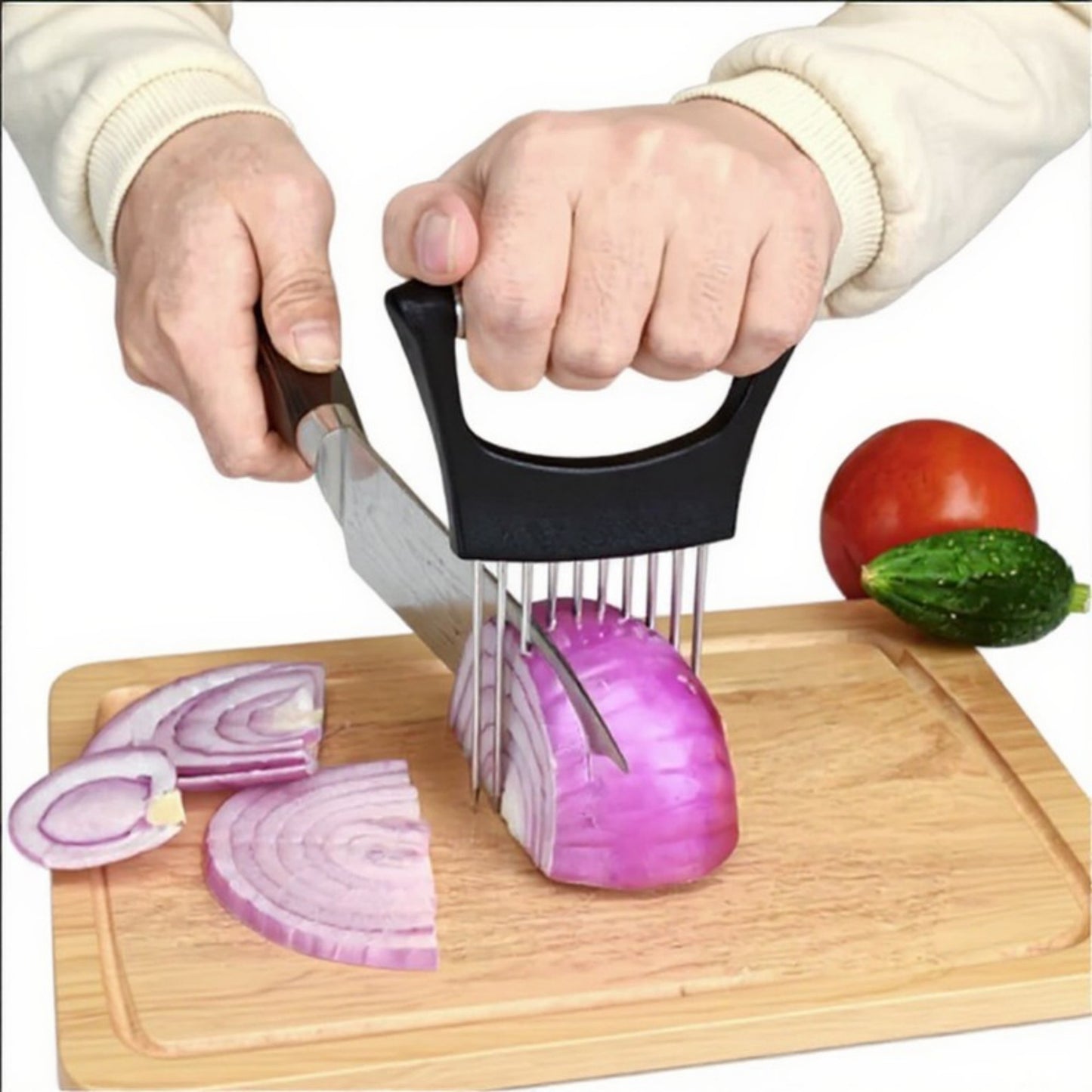3-Piece Stainless Steel Onion Holder Slicing Tool with Ergonomic Handle and Sharp Metal Prongs for Safer Food Prep