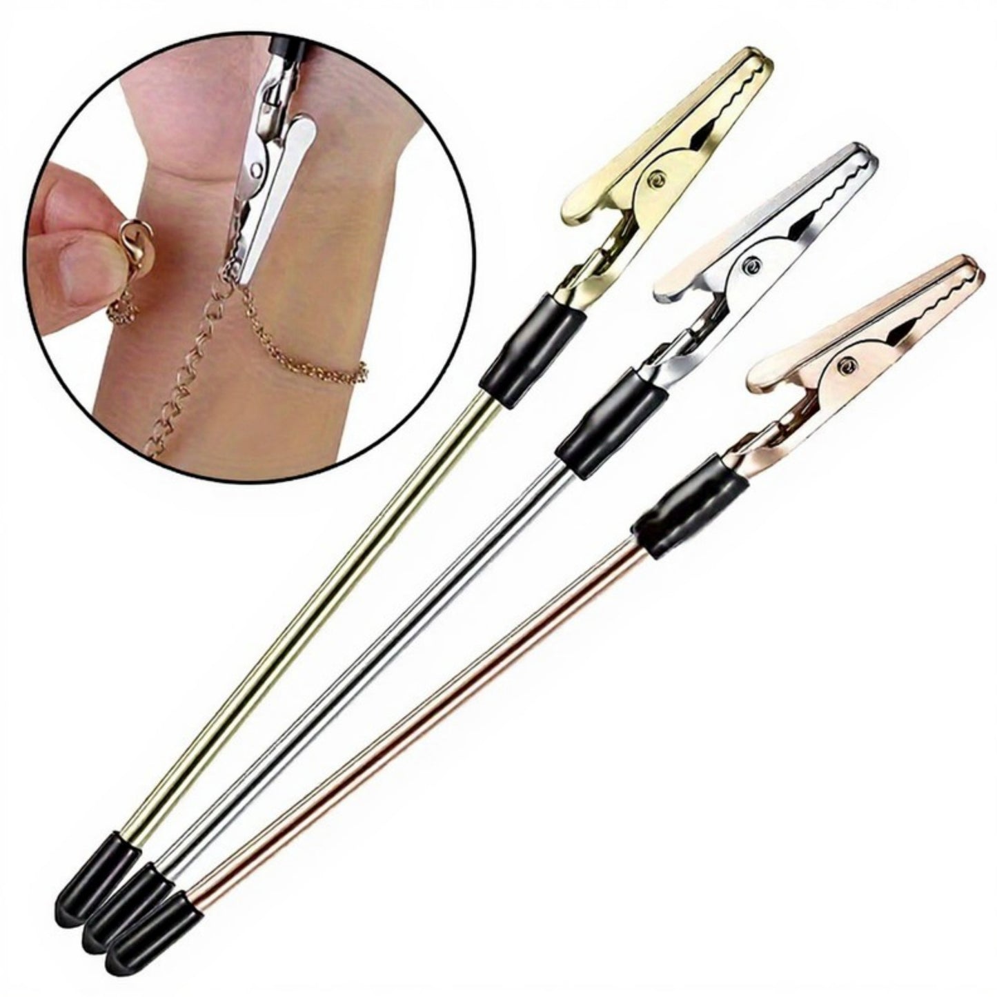 3-Piece Jewelry Fastener Helper Tool with Long Handle and Secure Alligator Clip for Easy Necklace and Bracelet Clasping