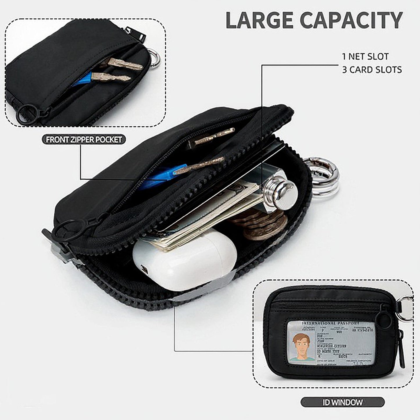 Zippered Wristlet Key Pouch with Clear ID Window Compact Card Holder and Detachable Strap