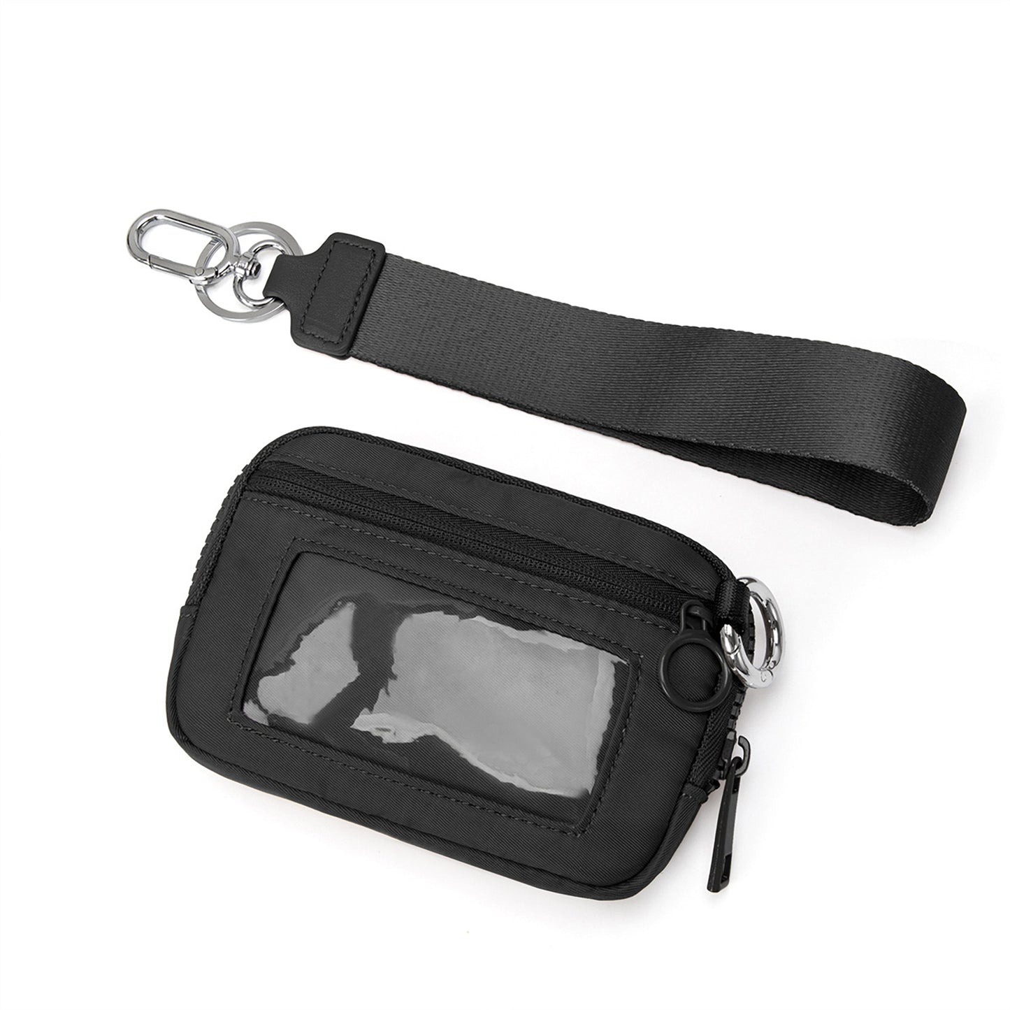 Zippered Wristlet Key Pouch with Clear ID Window Compact Card Holder and Detachable Strap