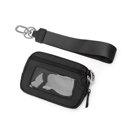 Zippered Wristlet Key Pouch with Clear ID Window Compact Card Holder and Detachable Strap