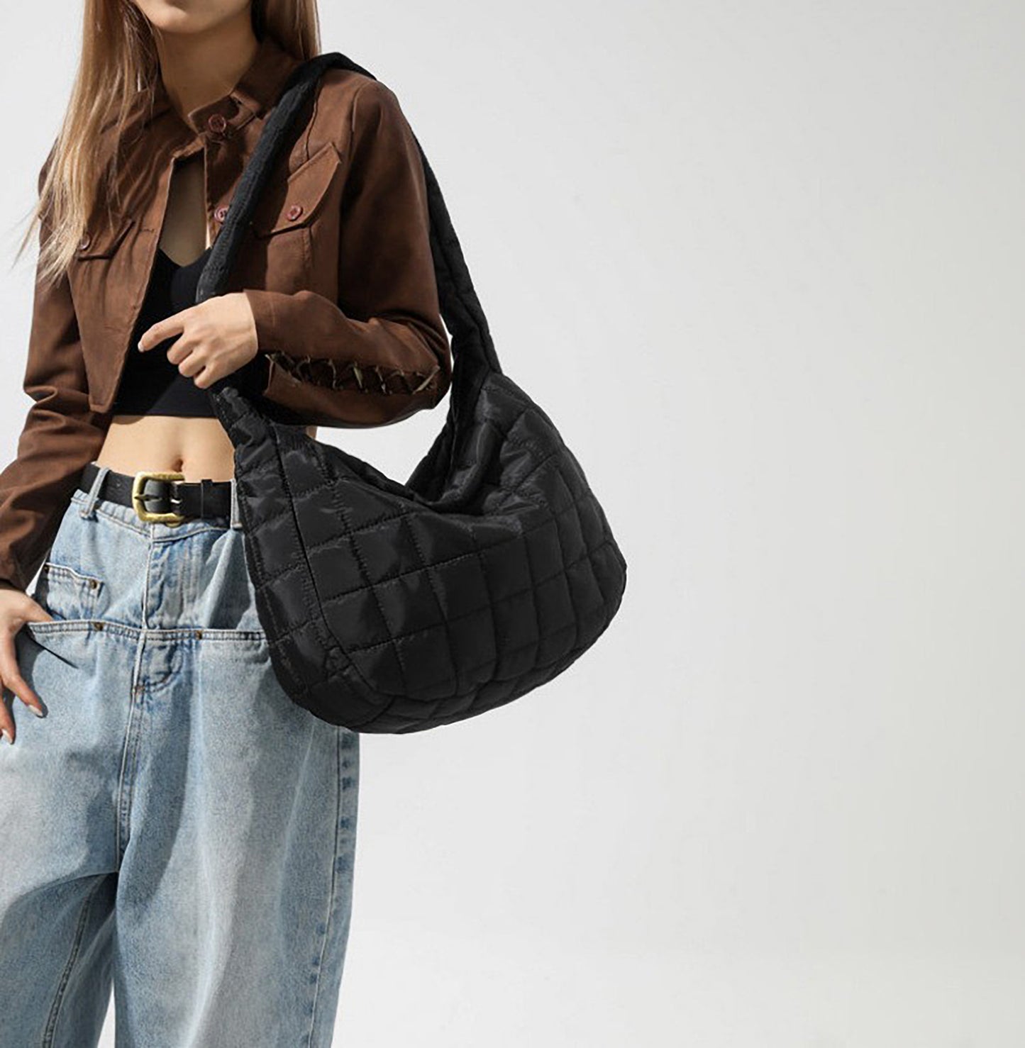 Women's Quilted Shoulder Bag with Padded Handle and Zip Top Closure