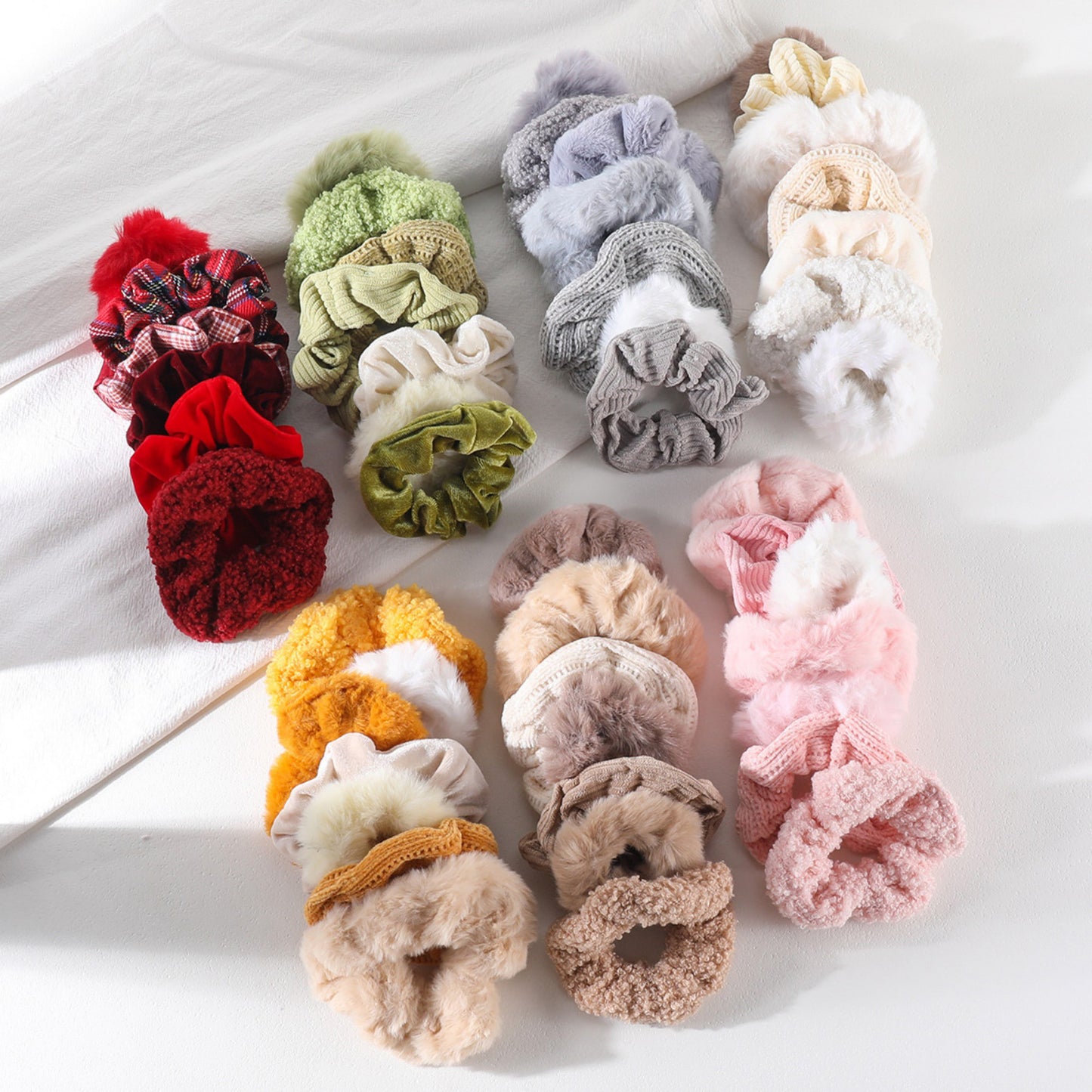 Plush Hair Scrunchies 8-Piece Set with Mixed Textures Soft Stretch Elastic and Gentle Hold Design