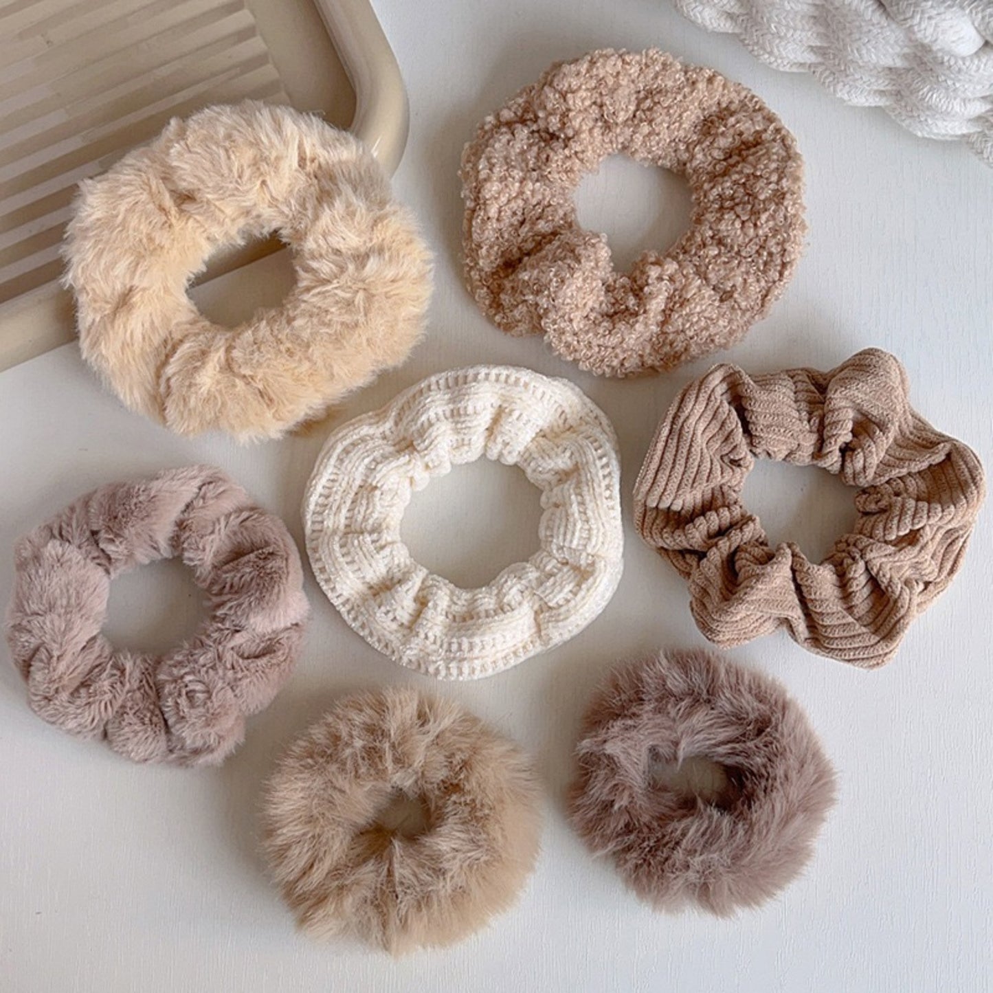 Plush Hair Scrunchies 8-Piece Set with Mixed Textures Soft Stretch Elastic and Gentle Hold Design
