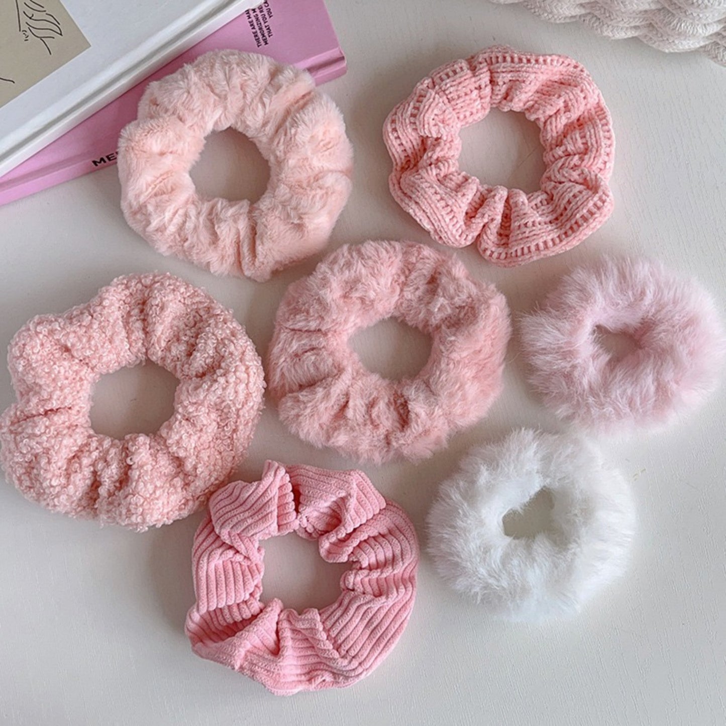 Plush Hair Scrunchies 8-Piece Set with Mixed Textures Soft Stretch Elastic and Gentle Hold Design