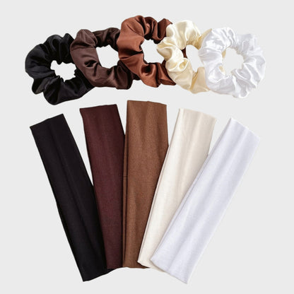 10-Piece Hair Accessories Set with Satin Scrunchies and Soft Stretch Headbands