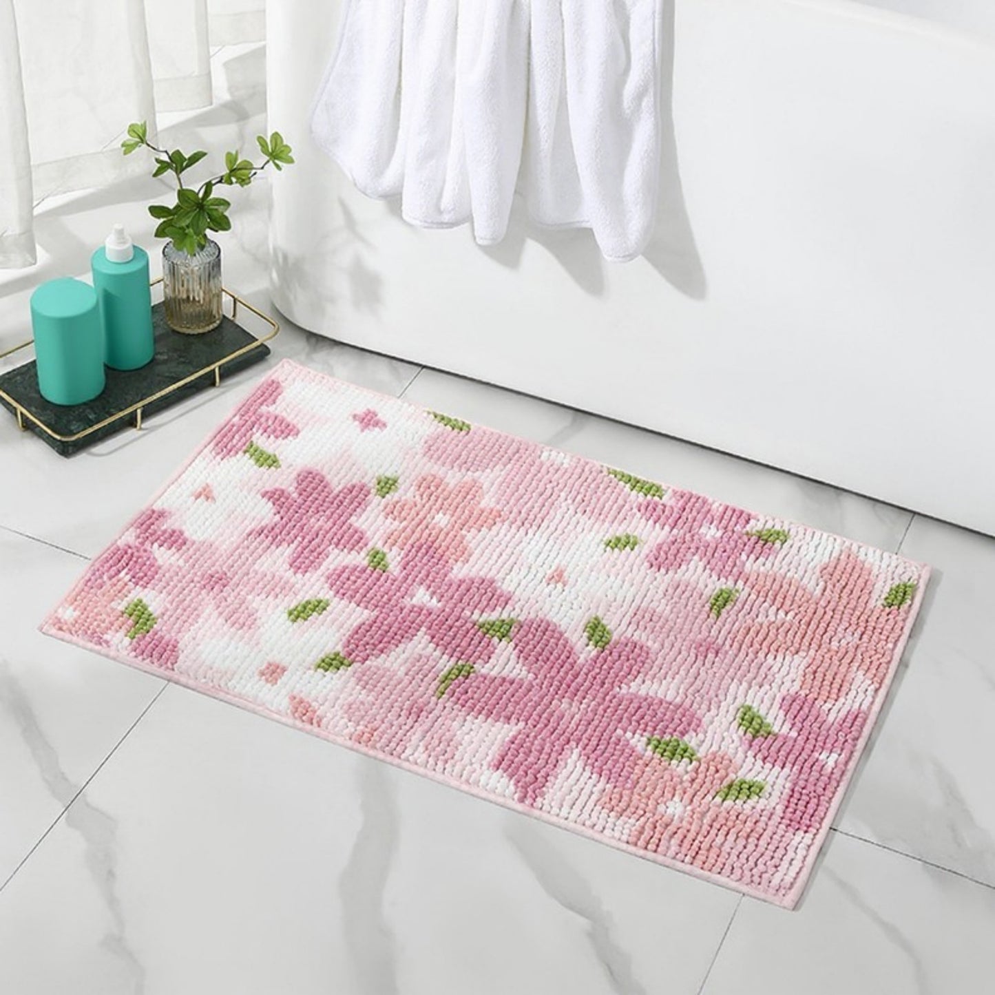 Plush Absorbent Bathroom Floor Mat with Floral Pattern Soft Textured Bath Rug for Tub Shower and Sink Areas