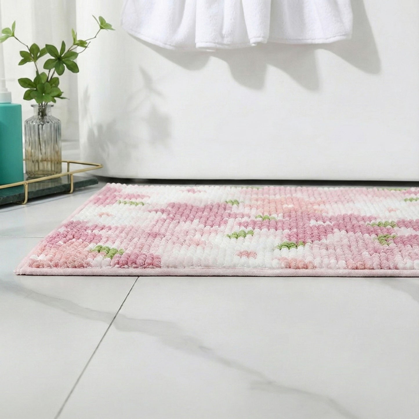 Plush Absorbent Bathroom Floor Mat with Floral Pattern Soft Textured Bath Rug for Tub Shower and Sink Areas