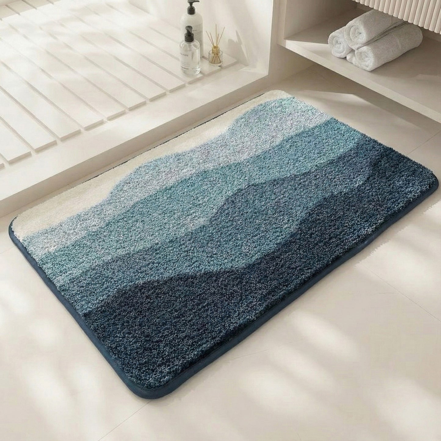 Plush Absorbent Bathroom Floor Mat with Layered Wave Pattern Soft Textured Bath Rug for Tub Shower and Sink Areas