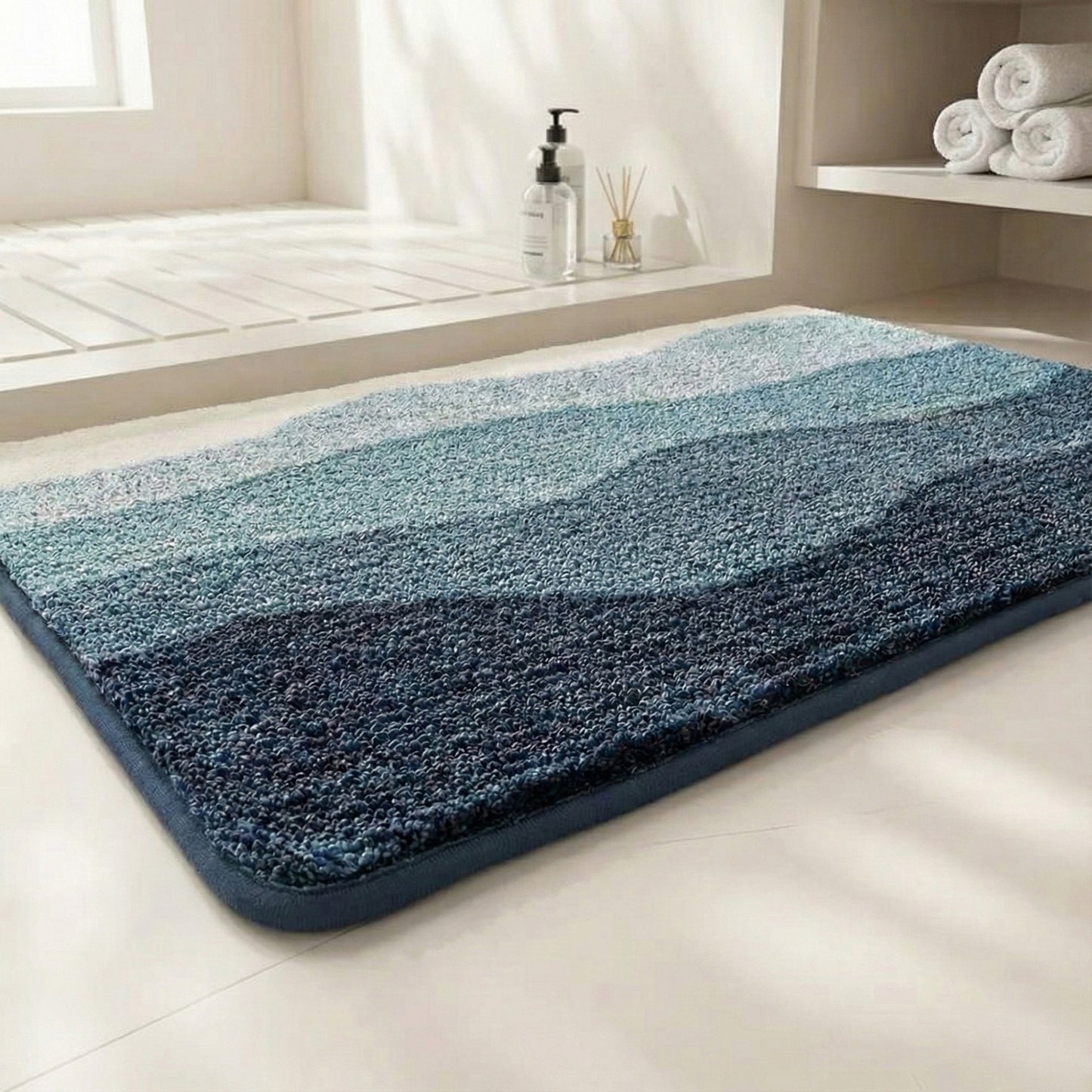 Plush Absorbent Bathroom Floor Mat with Layered Wave Pattern Soft Textured Bath Rug for Tub Shower and Sink Areas