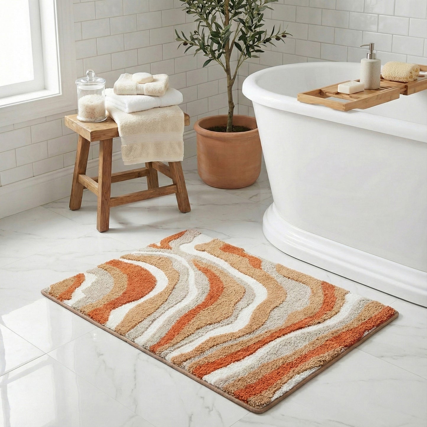 Plush Absorbent Bathroom Floor Mat with Layered Wave Pattern Soft Textured Bath Rug for Tub Shower and Sink Areas