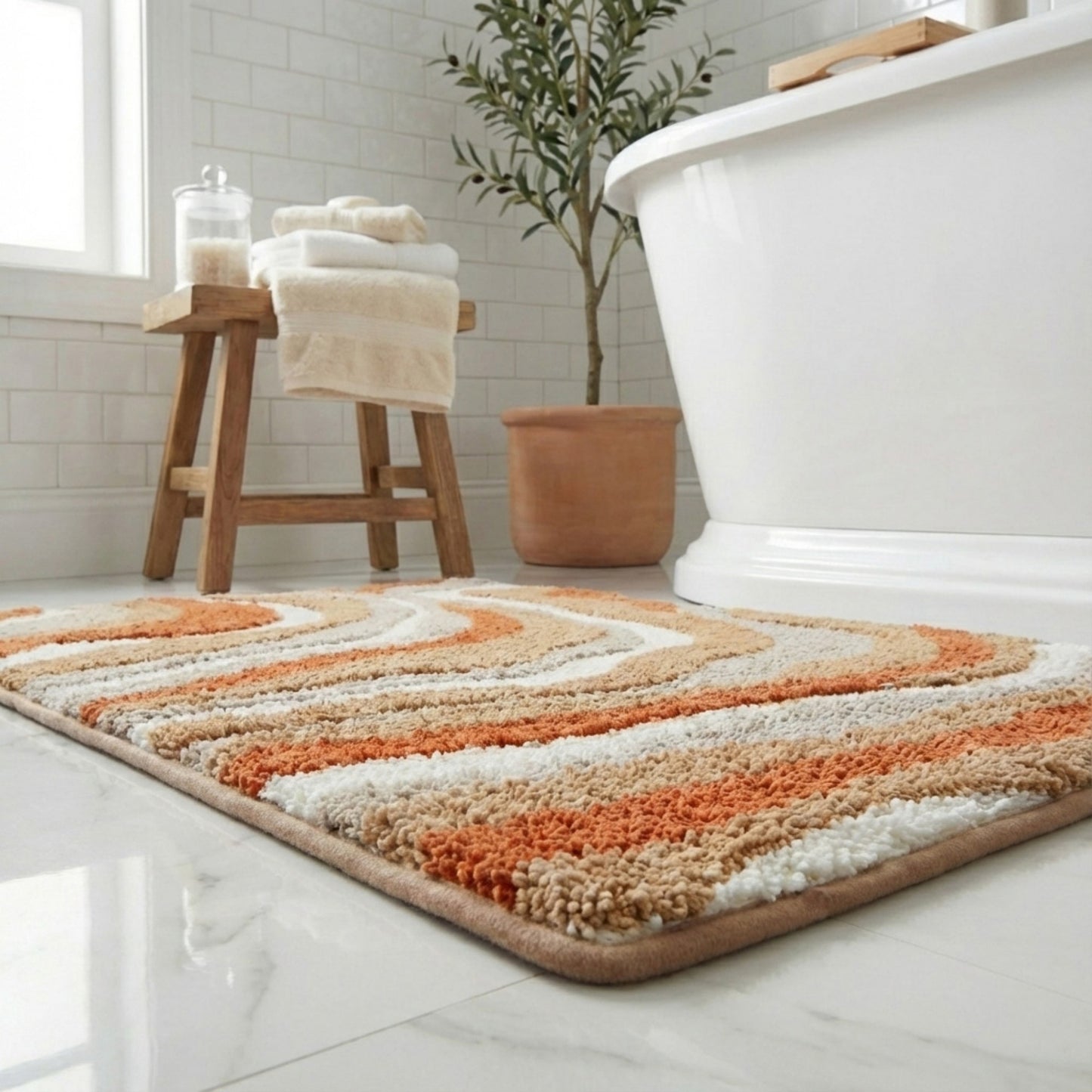Plush Absorbent Bathroom Floor Mat with Layered Wave Pattern Soft Textured Bath Rug for Tub Shower and Sink Areas