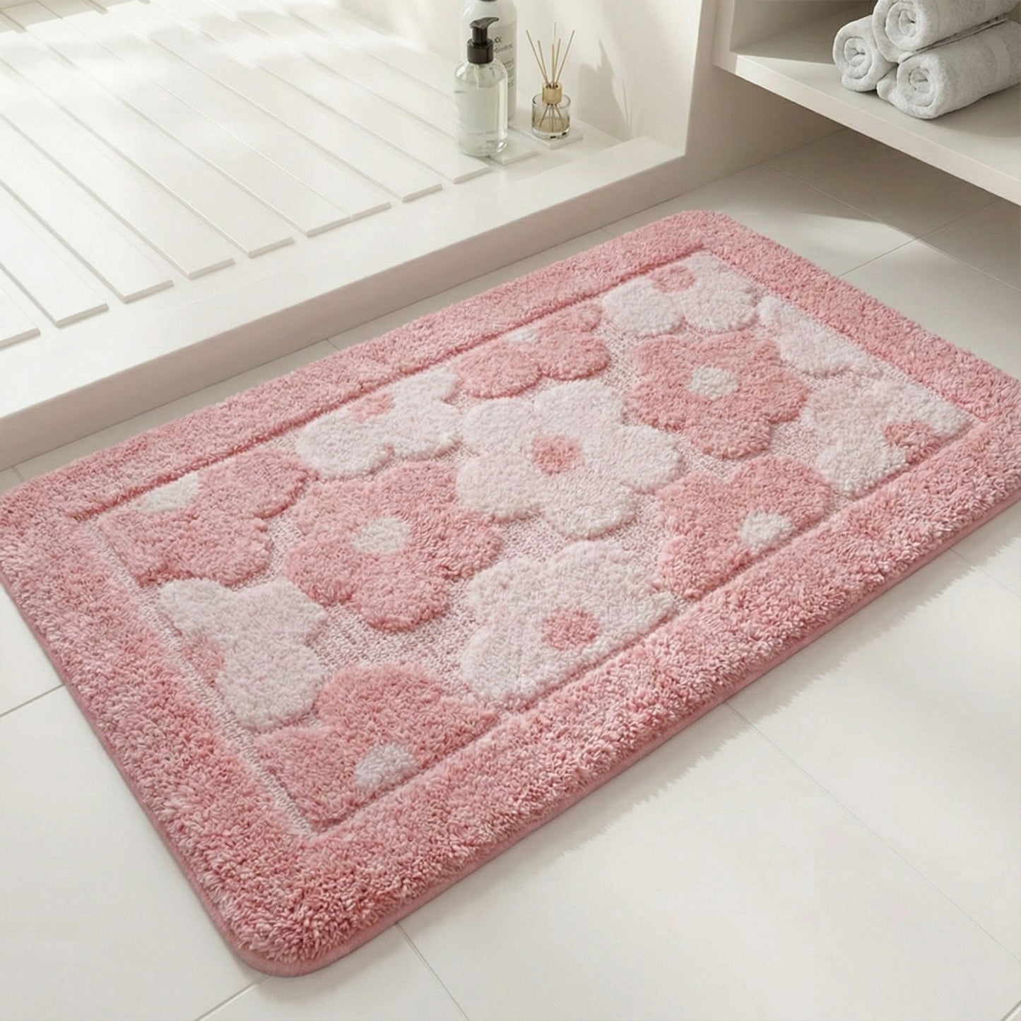Plush Absorbent Bathroom Floor Mat with Floral Pattern Soft Textured Bath Rug for Tub Shower and Sink Areas