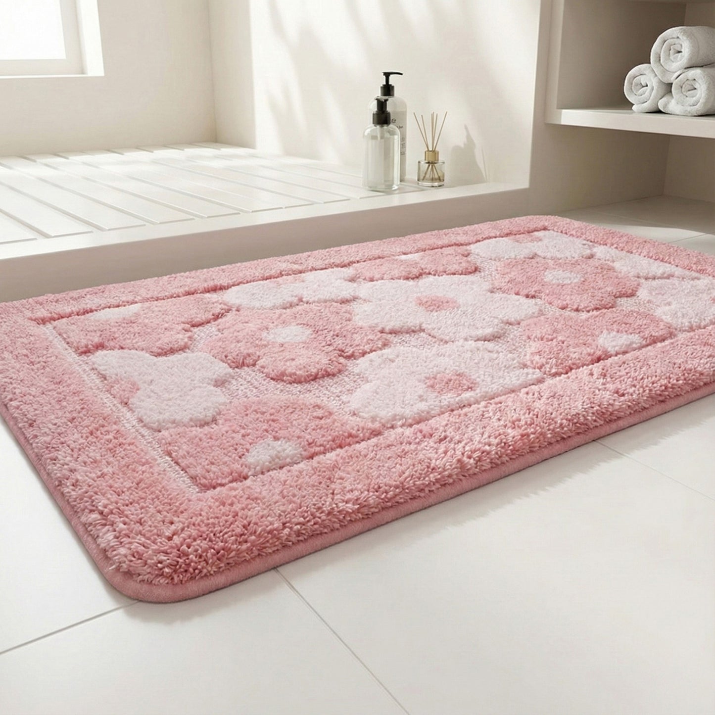 Plush Absorbent Bathroom Floor Mat with Floral Pattern Soft Textured Bath Rug for Tub Shower and Sink Areas