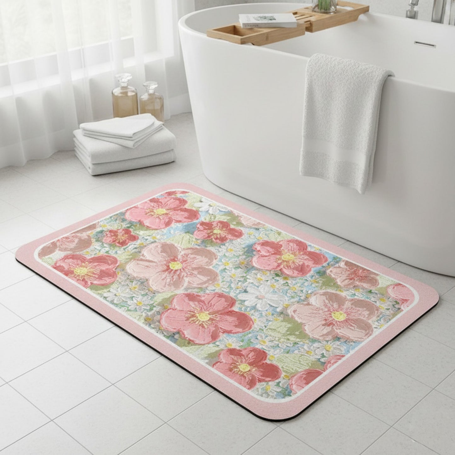 Plush Absorbent Bathroom Floor Mat with Floral Pattern Soft Cushioned Bath Rug for Tub Shower and Sink Areas
