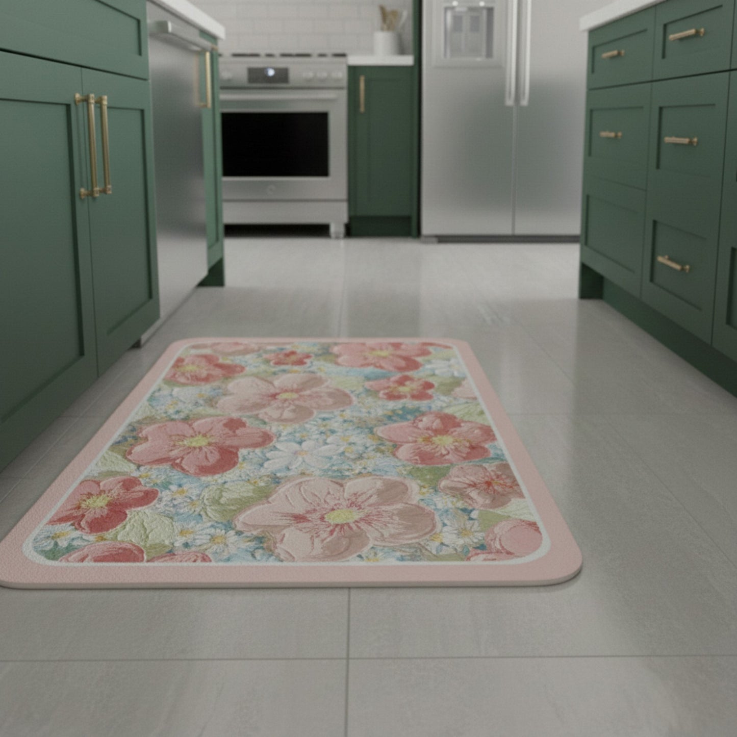 Plush Absorbent Bathroom Floor Mat with Floral Pattern Soft Cushioned Bath Rug for Tub Shower and Sink Areas