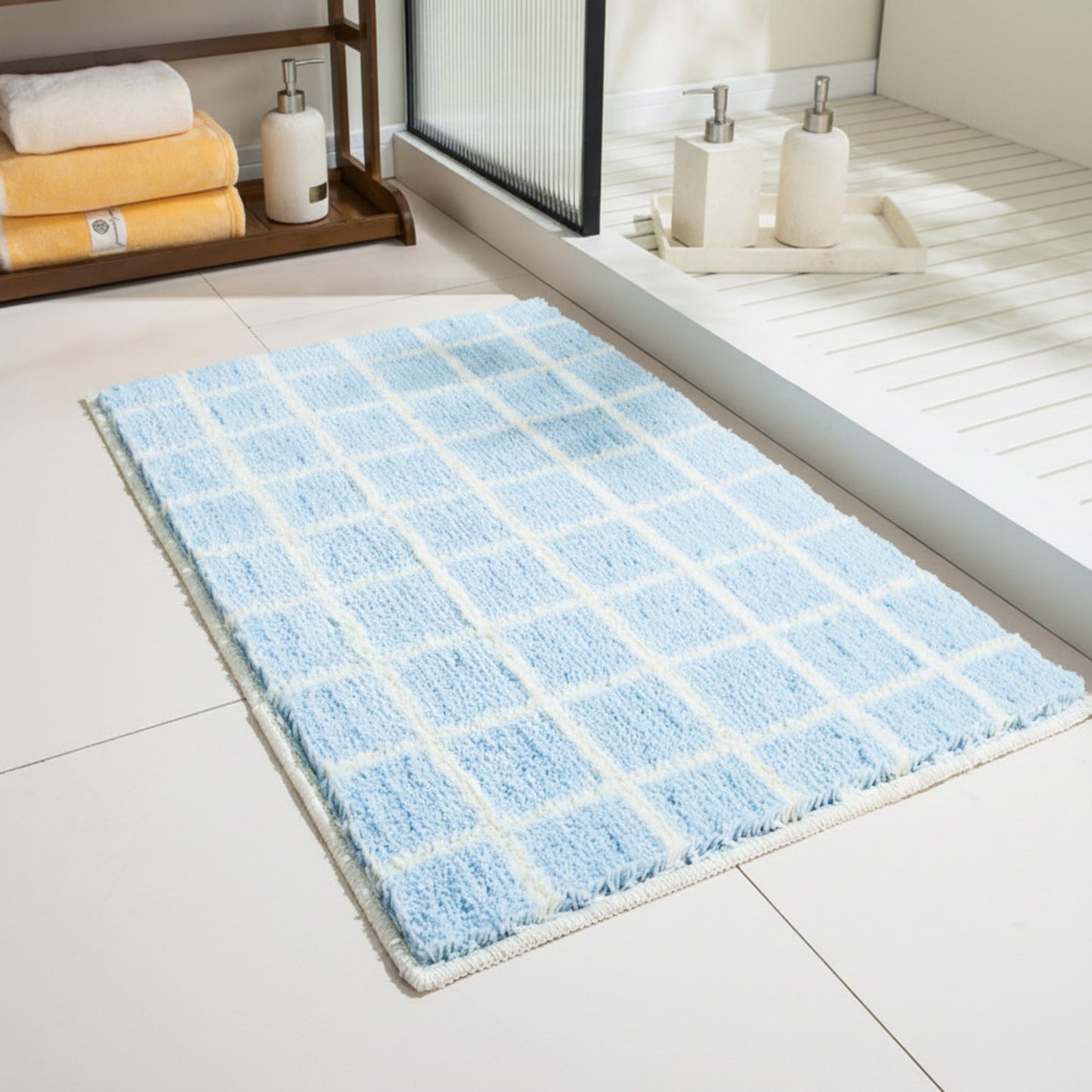 Plush Absorbent Bathroom Floor Mat with Grid Pattern Soft Textured Bath Rug for Shower Tub and Sink Areas