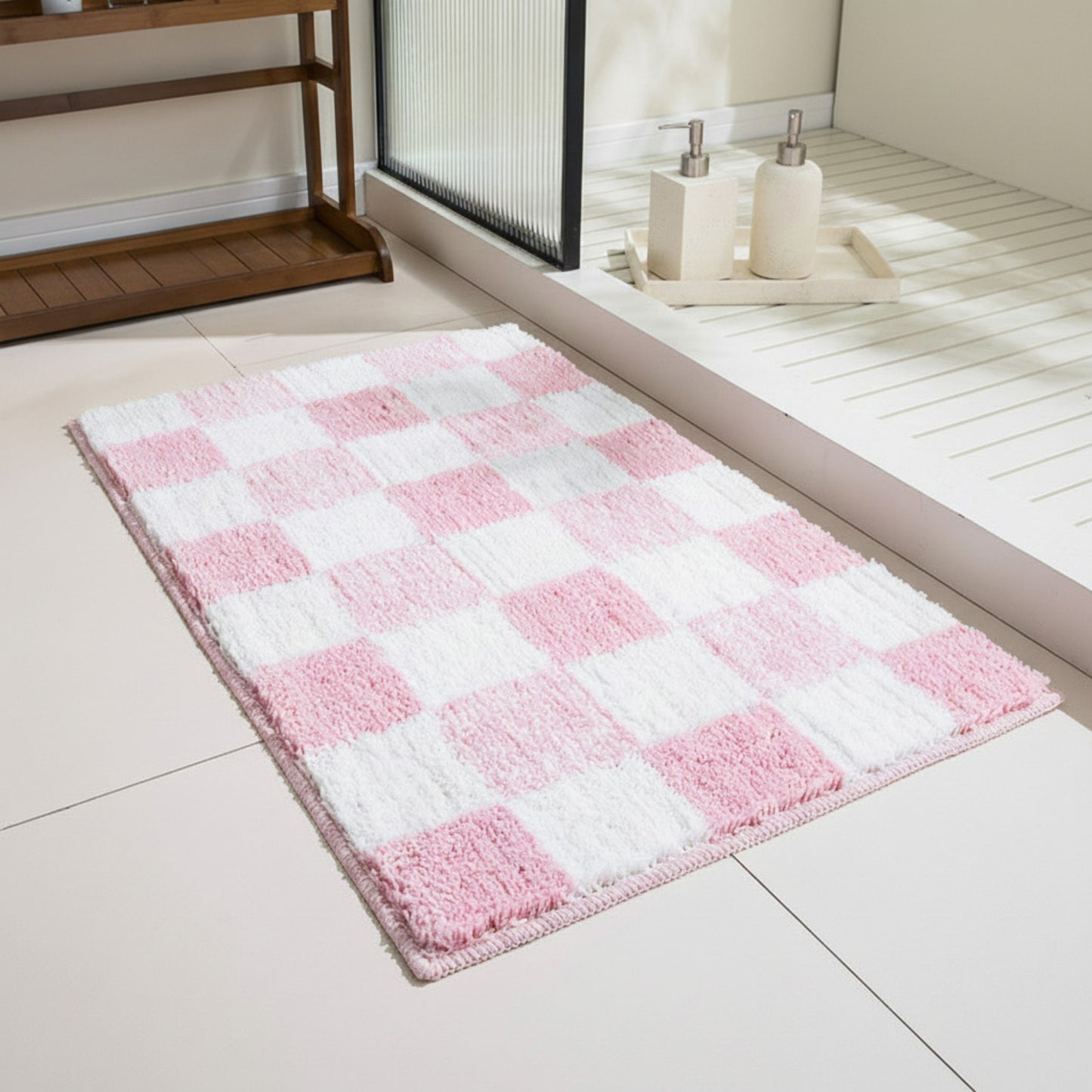 Plush Absorbent Bathroom Floor Mat with Grid Pattern Soft Textured Bath Rug for Shower Tub and Sink Areas