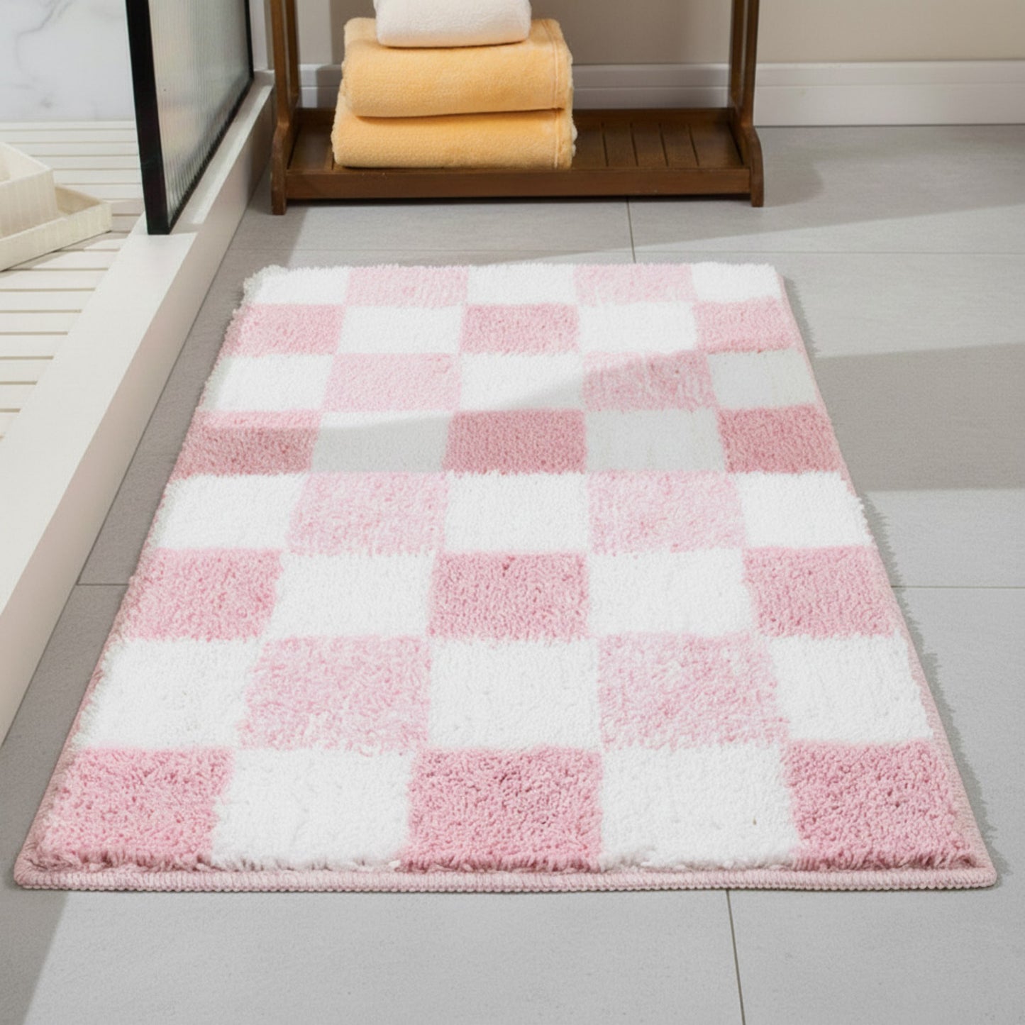 Plush Absorbent Bathroom Floor Mat with Grid Pattern Soft Textured Bath Rug for Shower Tub and Sink Areas