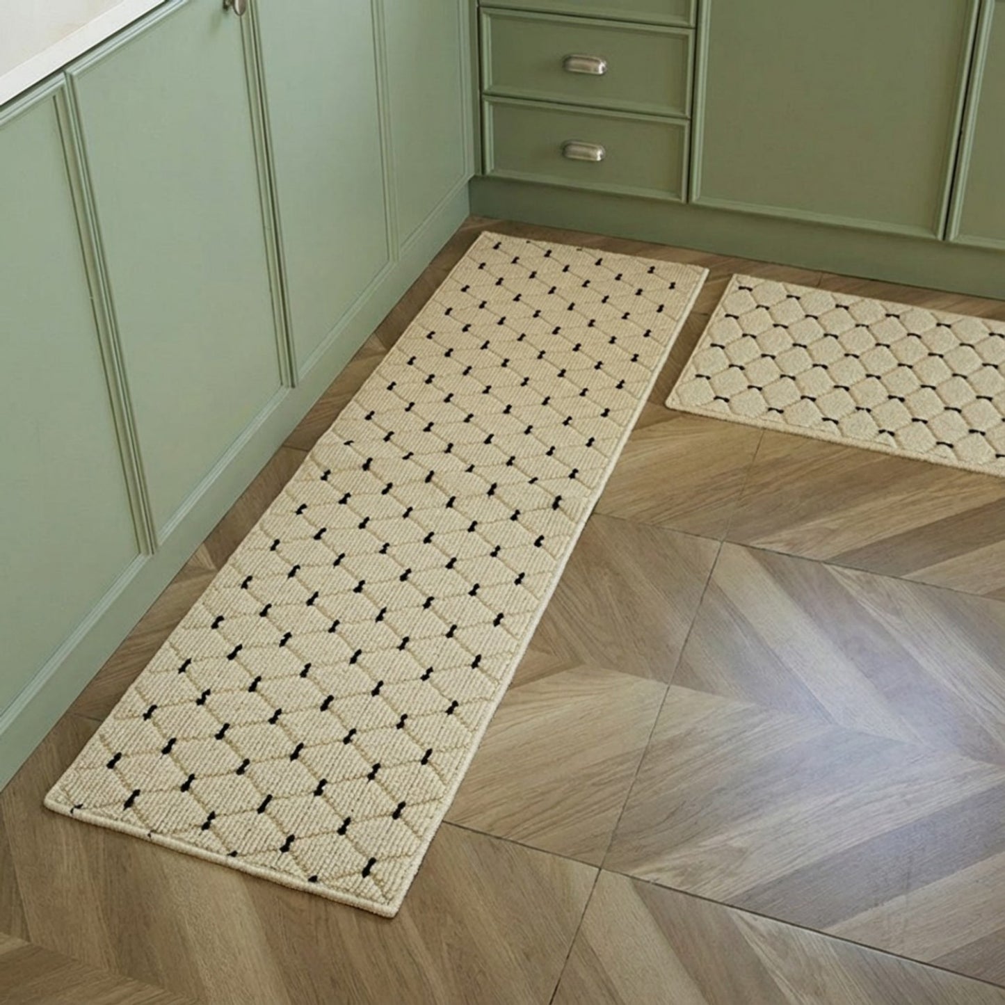 Neutral Diamond Pattern Woven Runner Rug Low Profile Bedroom Floor Runner