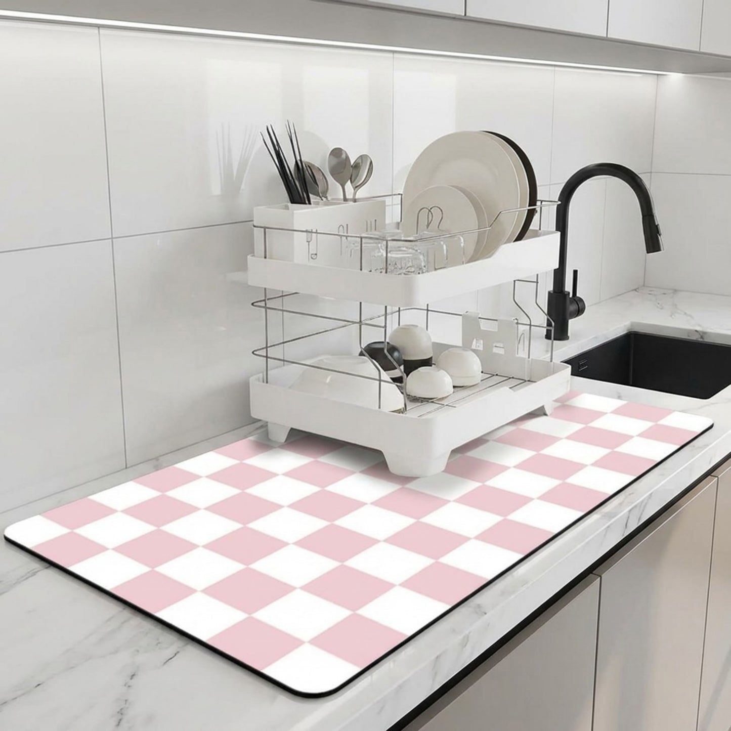 Checkered Kitchen Sink Faucet Splash Guard Mat Absorbent Countertop Protector 2 Pack