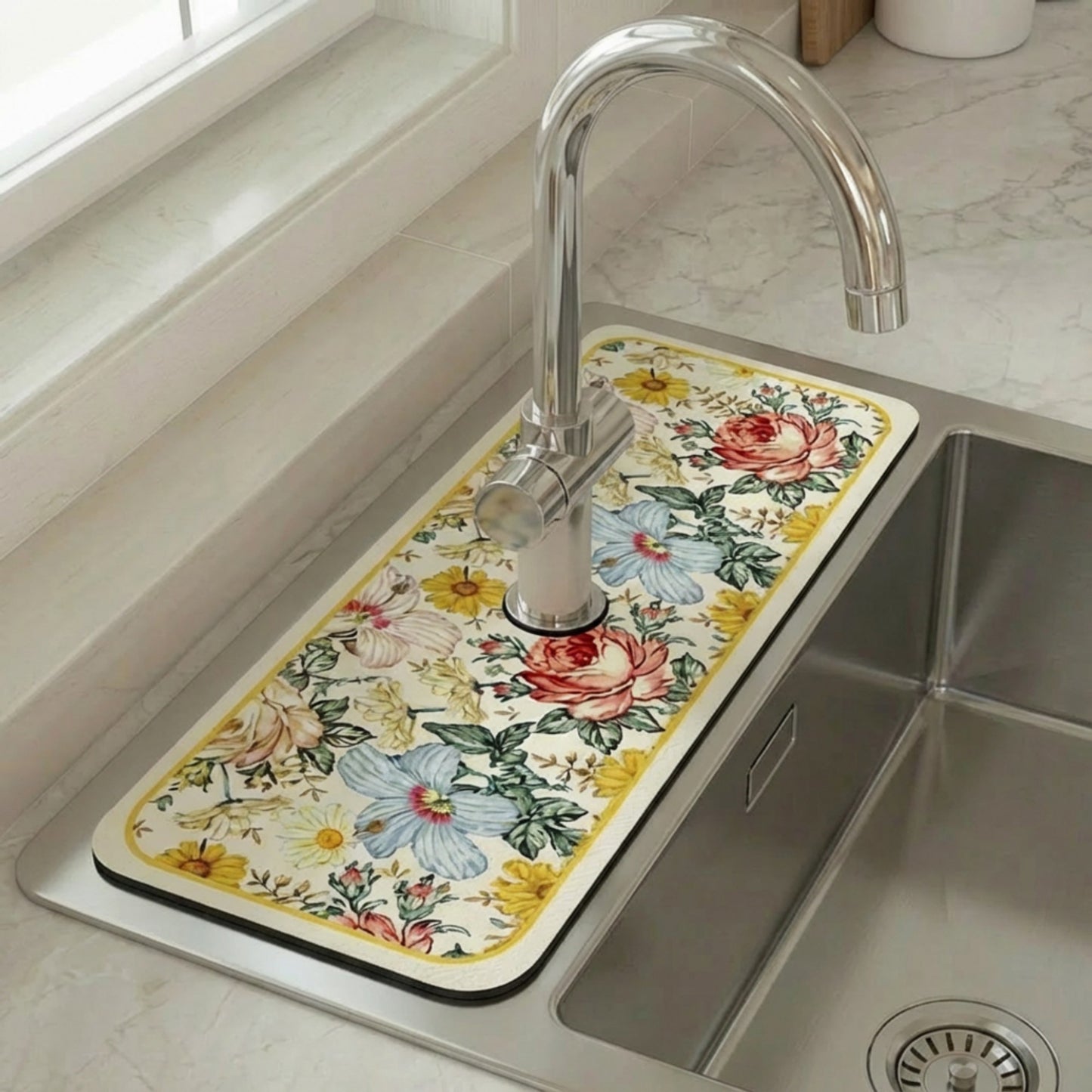 Floral Kitchen Sink Faucet Splash Guard Mat with Absorbent Surface Decorative Counter Protector 2 Pack Set