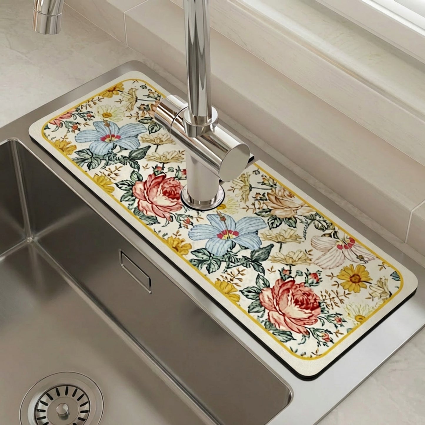 Floral Kitchen Sink Faucet Splash Guard Mat with Absorbent Surface Decorative Counter Protector 2 Pack Set