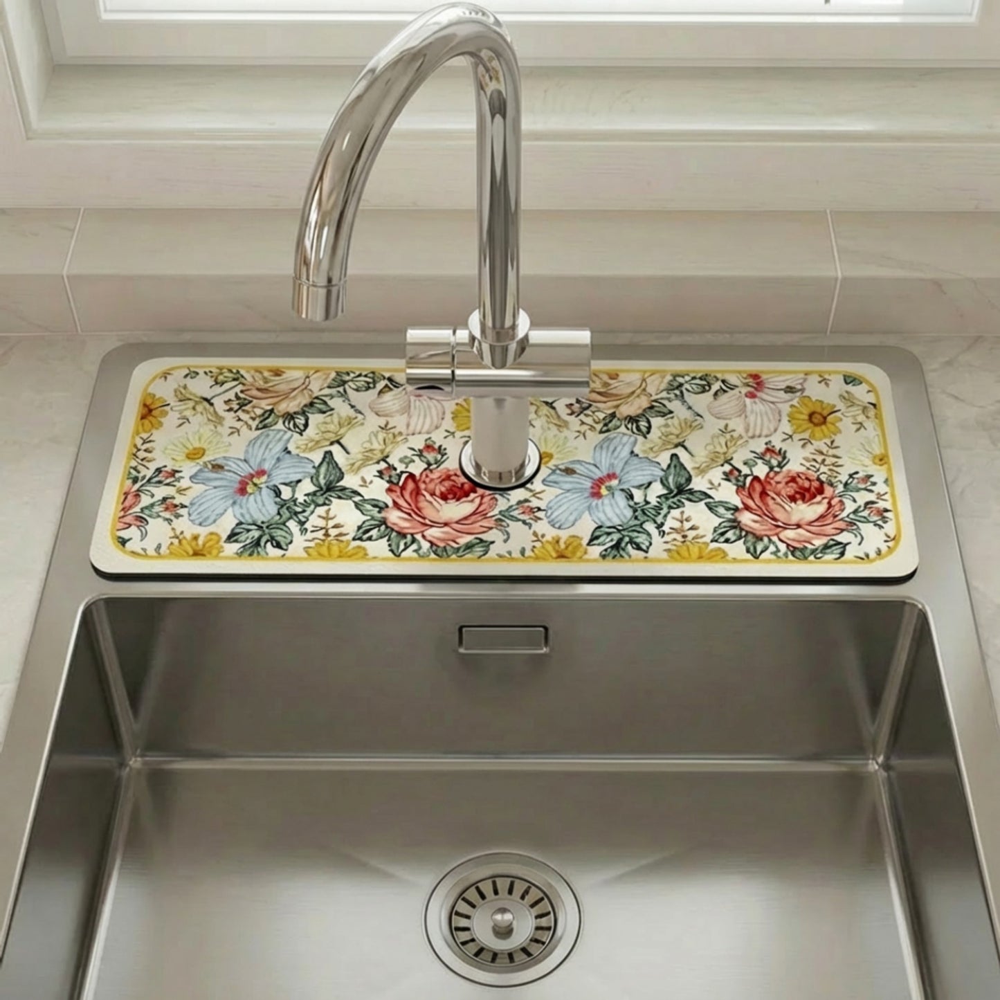 Floral Kitchen Sink Faucet Splash Guard Mat with Absorbent Surface Decorative Counter Protector 2 Pack Set