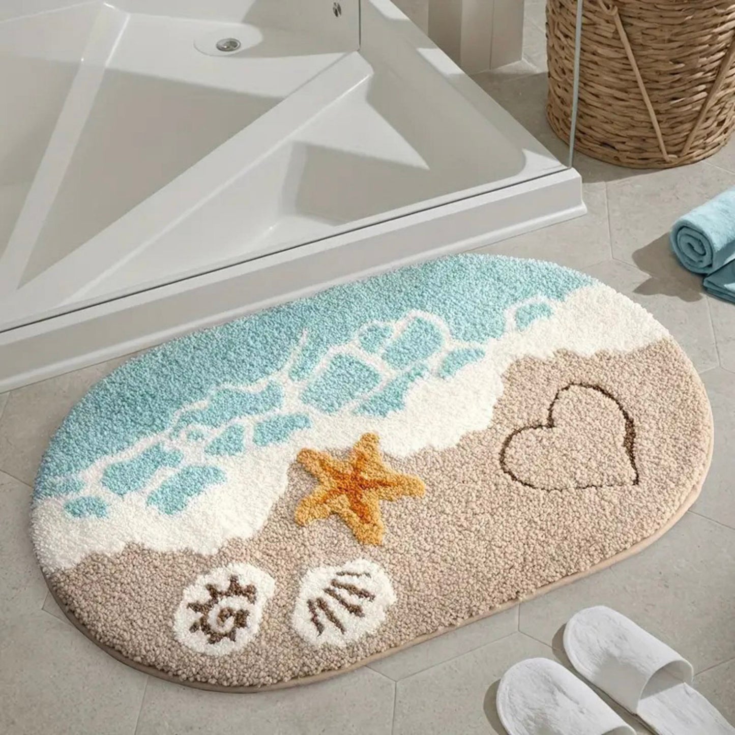 Beach Inspired Tufted Bathroom Bath Mats Set with Seashell Starfish Pattern Soft Plush Texture 2 Piece Set