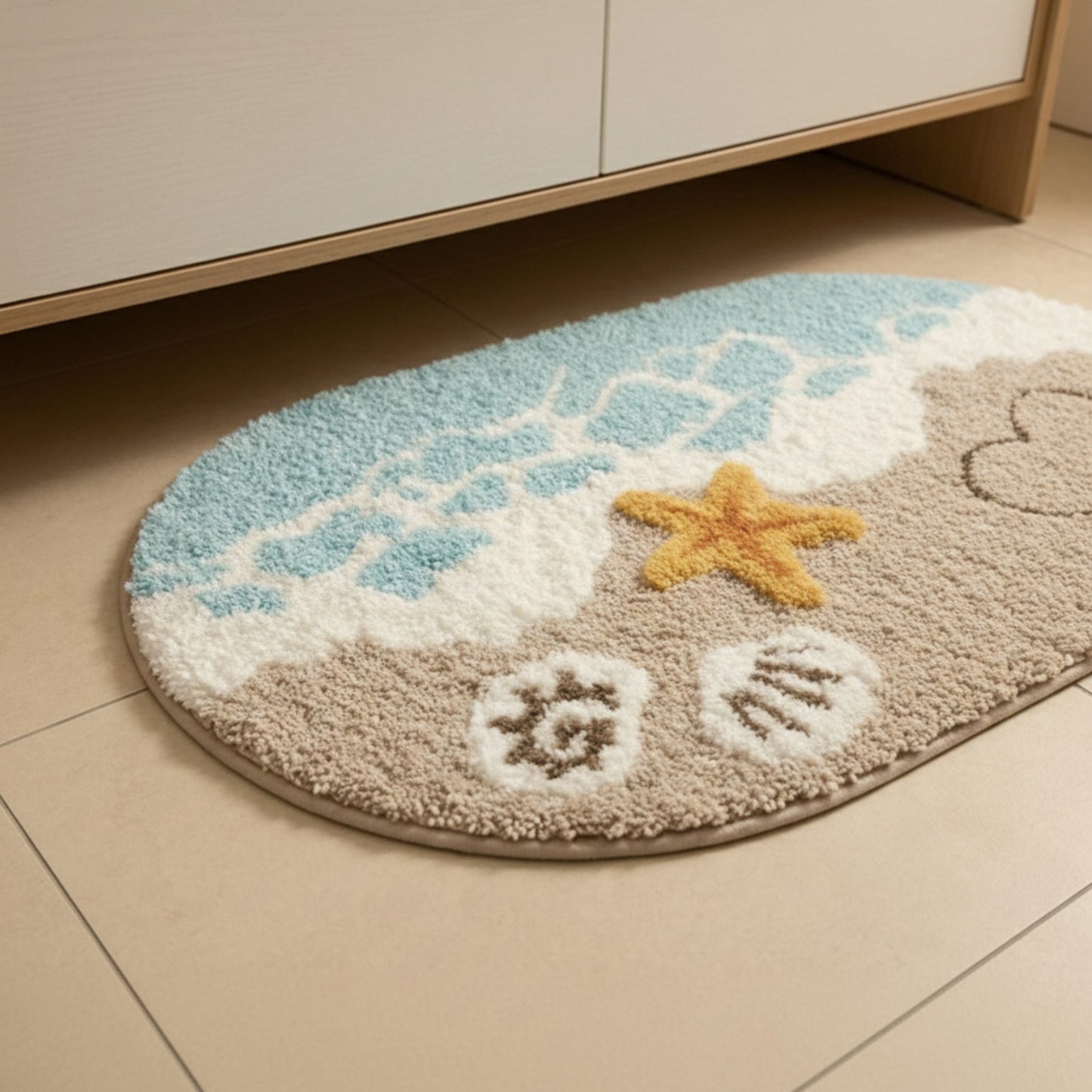 Beach Inspired Tufted Bathroom Bath Mats Set with Seashell Starfish Pattern Soft Plush Texture 2 Piece Set