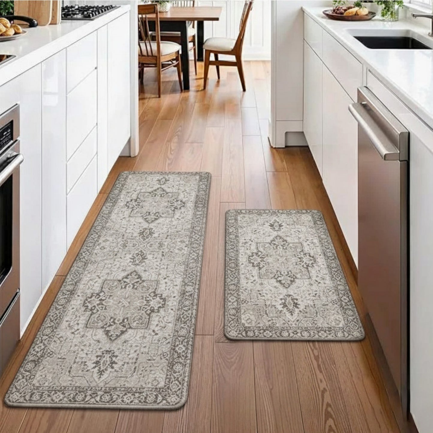 Vintage Inspired Kitchen Runner Rugs Set with Distressed Medallion Pattern Non Slip Backing 2 Piece Set